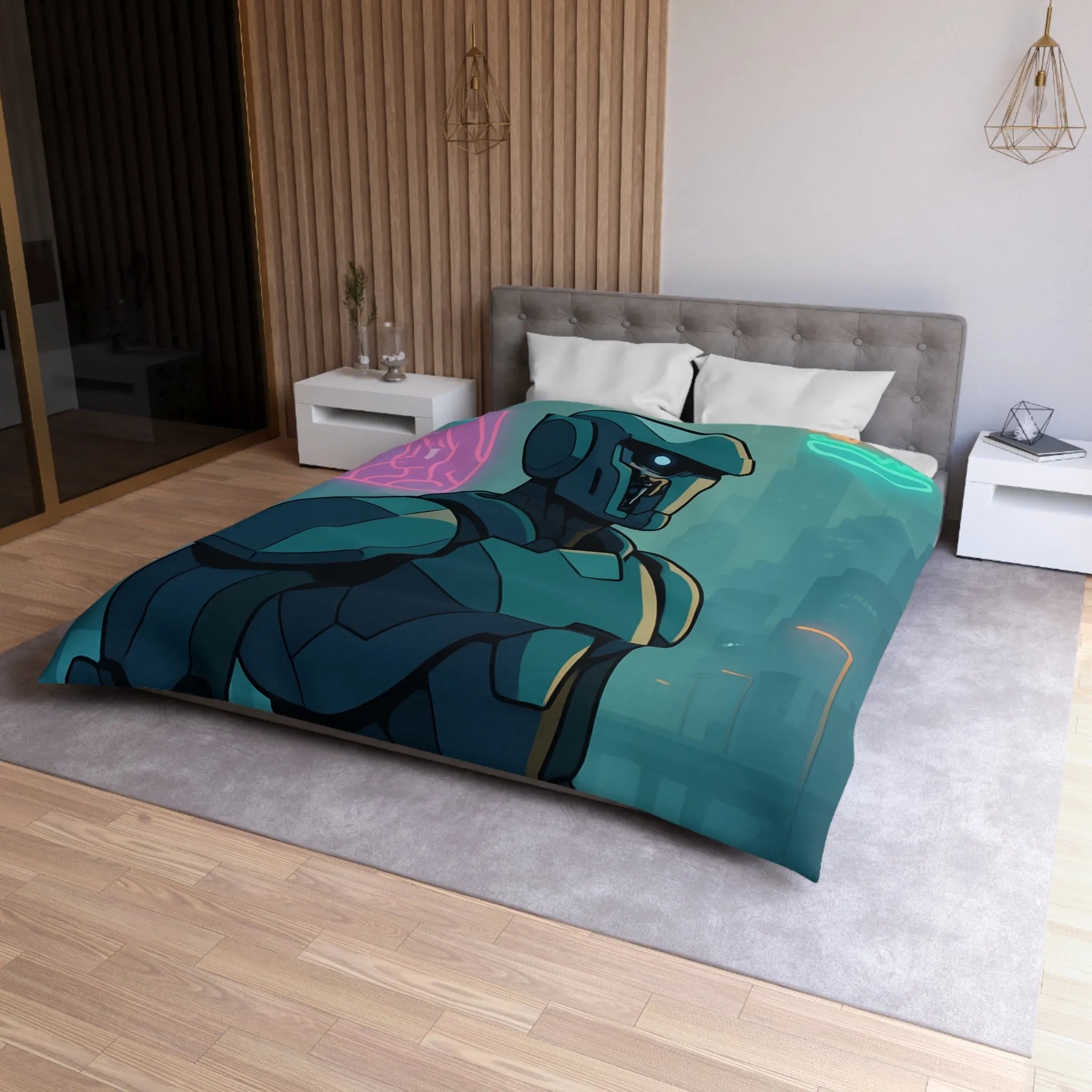 Futuristic Dystopian Cityscape with Neon Lights and Robotic Figure for Bedding Decor