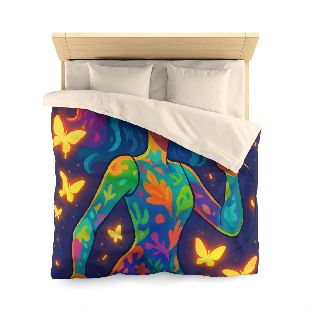Housse de Couette Colorée : Artiste Chantant Entourée de Papillons Lumineux et Vibrants