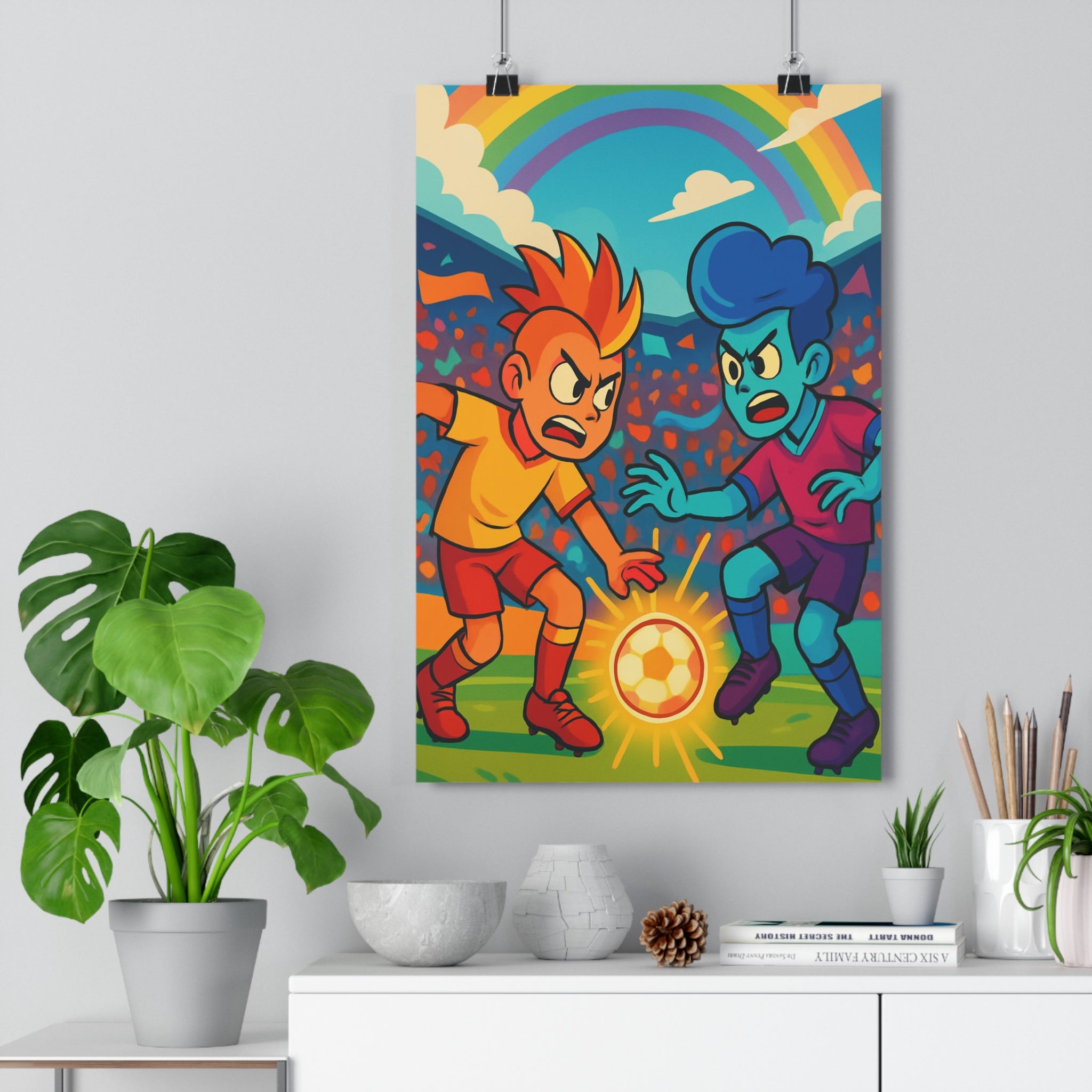 Poster décoratif cartoon vibrant football jaune rouge bleu violet joyeux salon chambre dynamique sportif