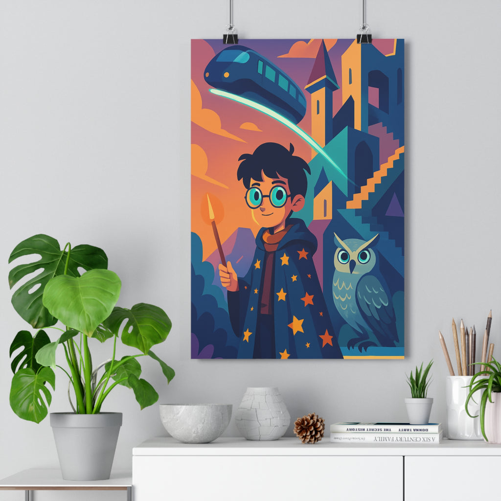 Poster décoratif sorcier cartoon bleu orange mystique enfant chambre aventure néofuturisme hibou train château