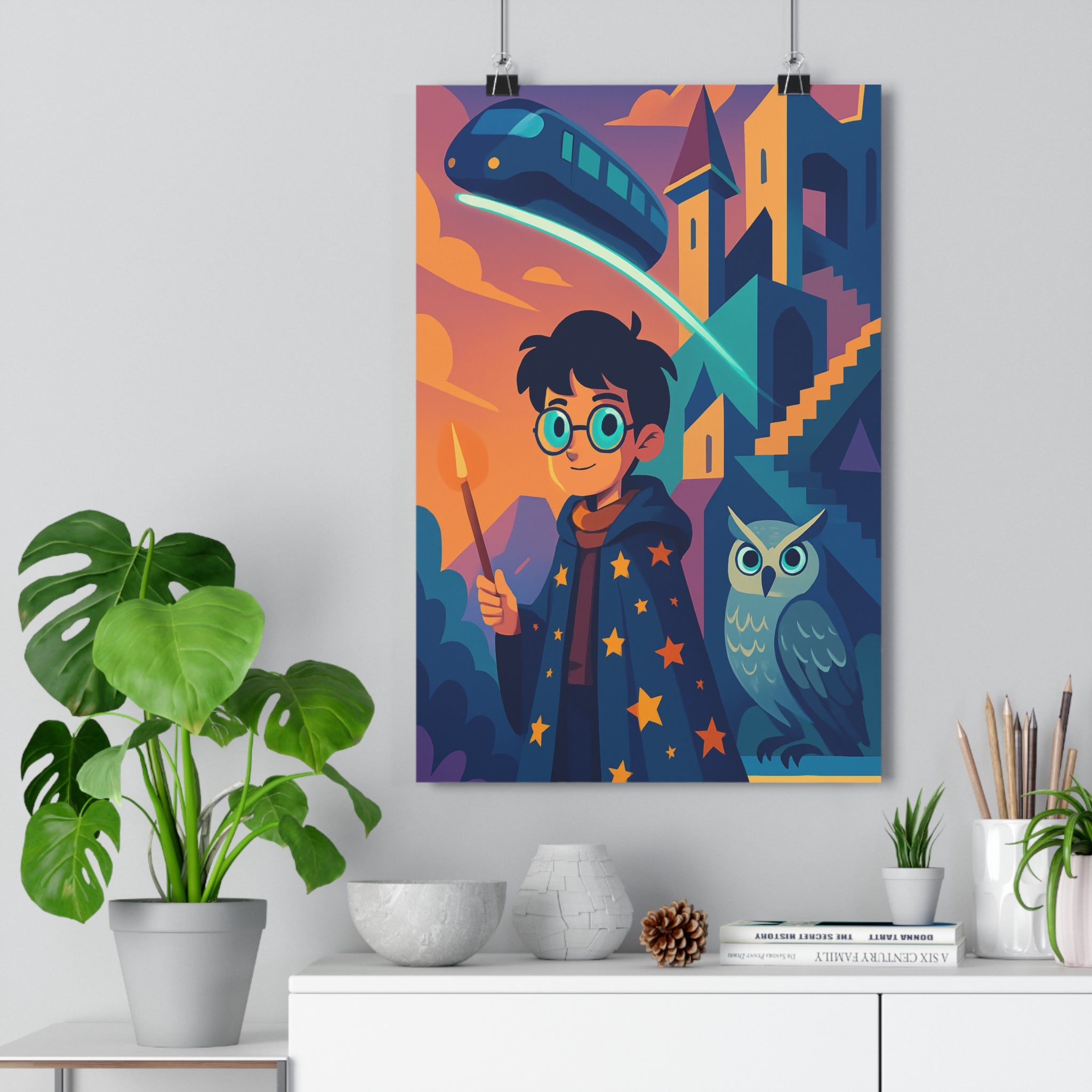 Poster décoratif sorcier cartoon bleu orange mystique enfant chambre aventure néofuturisme hibou train château
