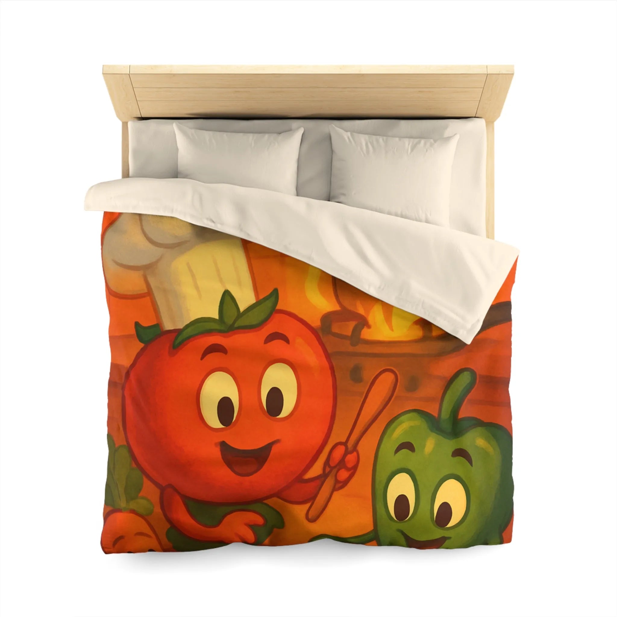 Housse de couette illustrée avec légumes adorables jouant dans une cuisine animée orangée