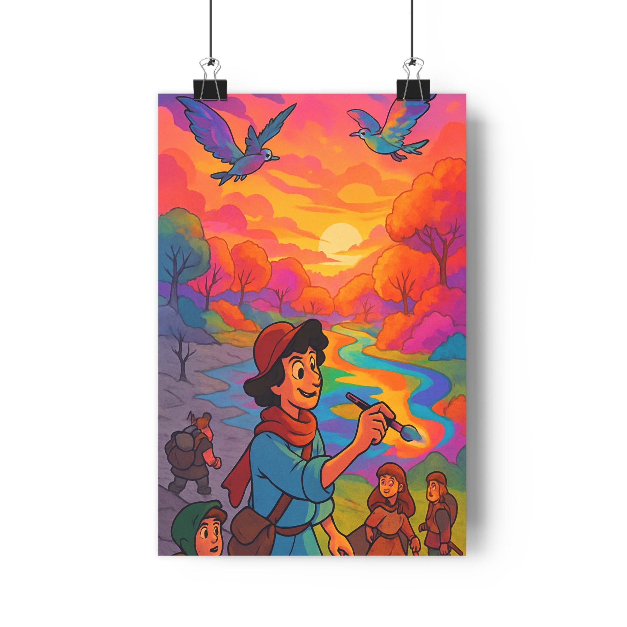 Poster décoratif aventure coloré vibrant salon chambre dessin animé paysage joyeux rivière ciel arbre