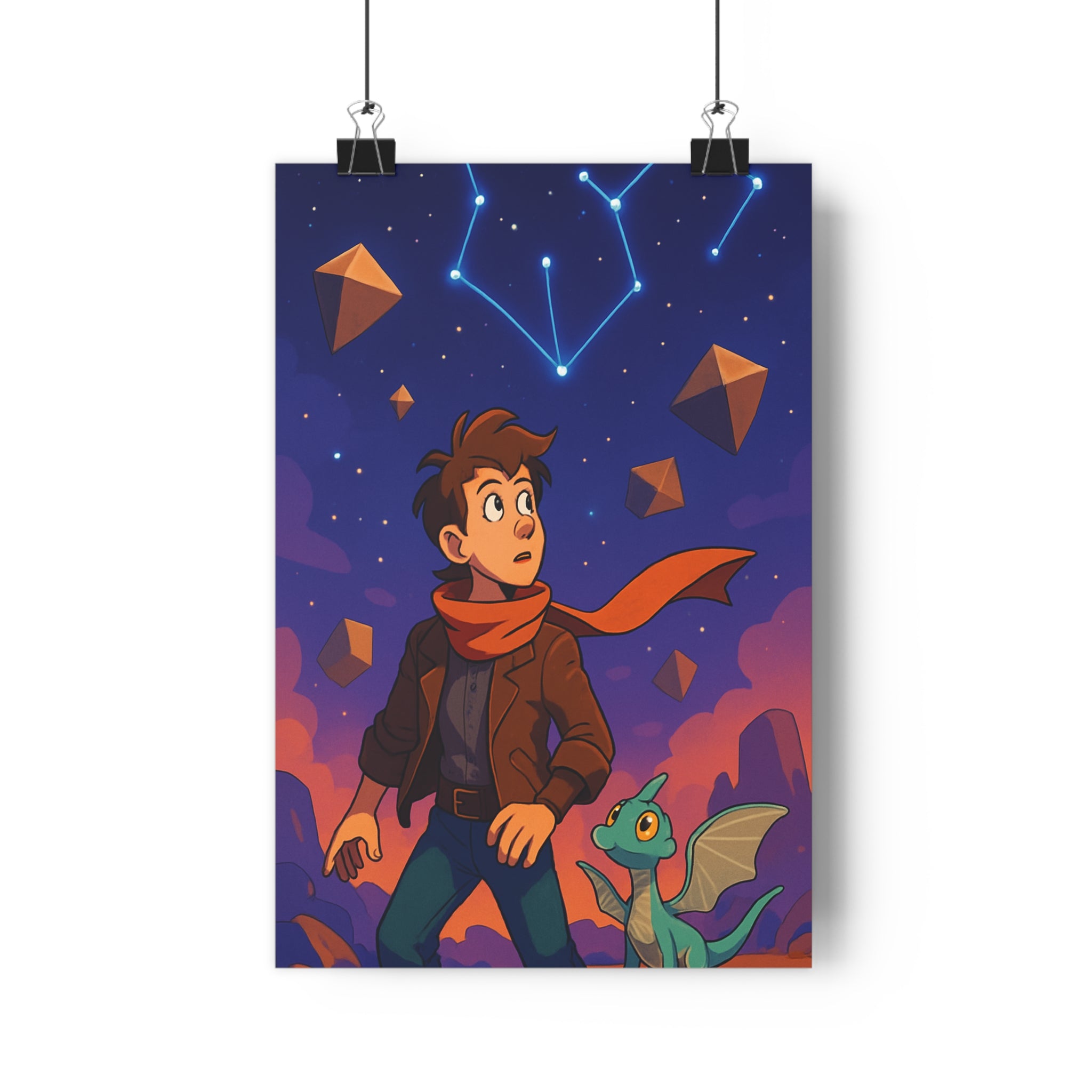 Poster décoratif aventurier dragon ciel étoilé dessin animé couleurs vives chambre enfant aventure découverte