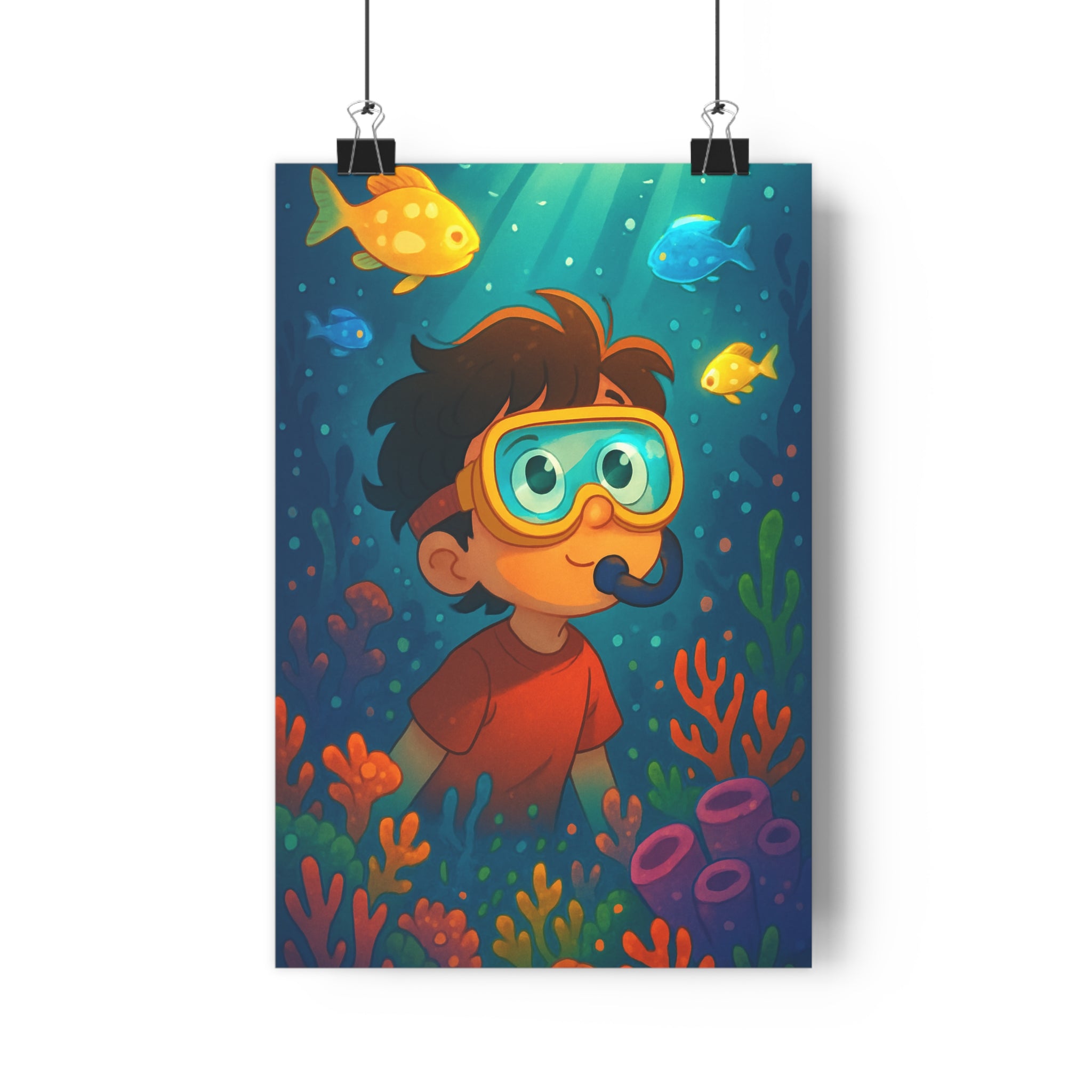 Poster décoratif cartoon bleu orange enfant chambre aventure plongeur poissons coraux apaisante vive 30x46