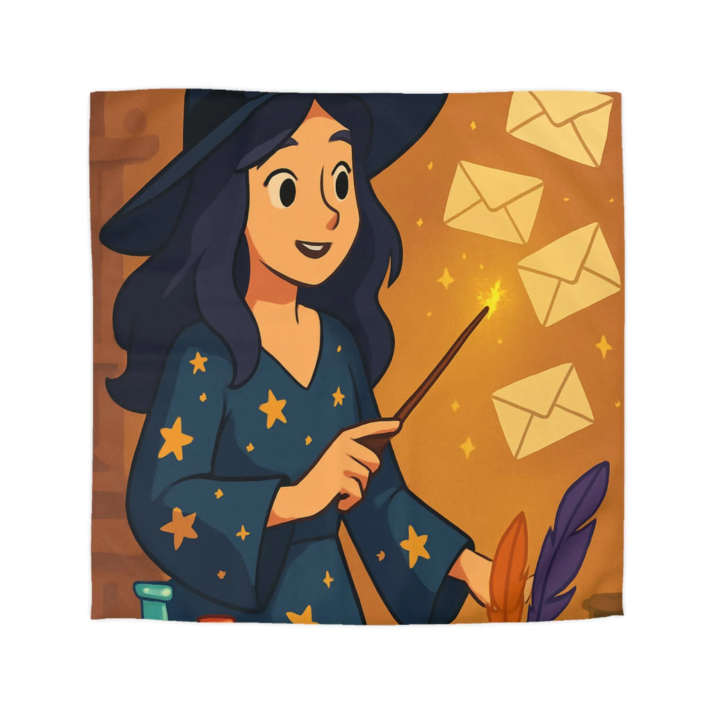 Housse de couette magique avec apprentie sorcière, quill et enveloppes flottantes animées