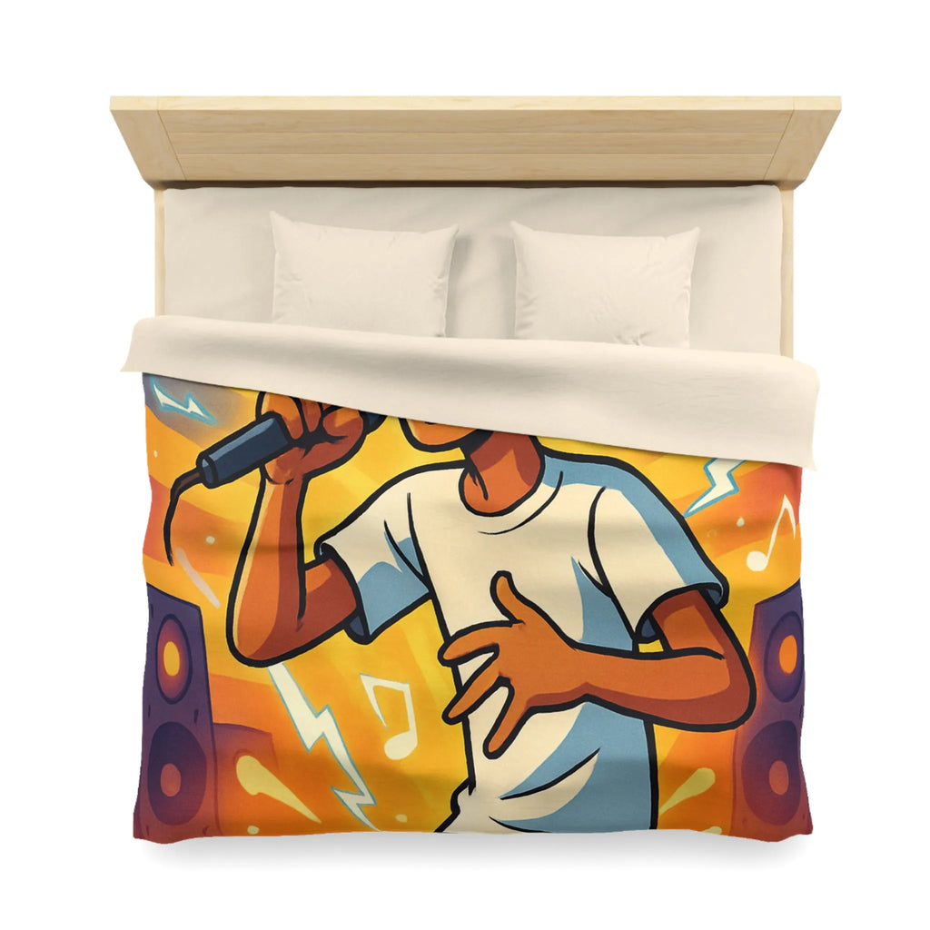 Housse de couette ambiance concert urbain avec chanteur et éclairs musicaux colorés