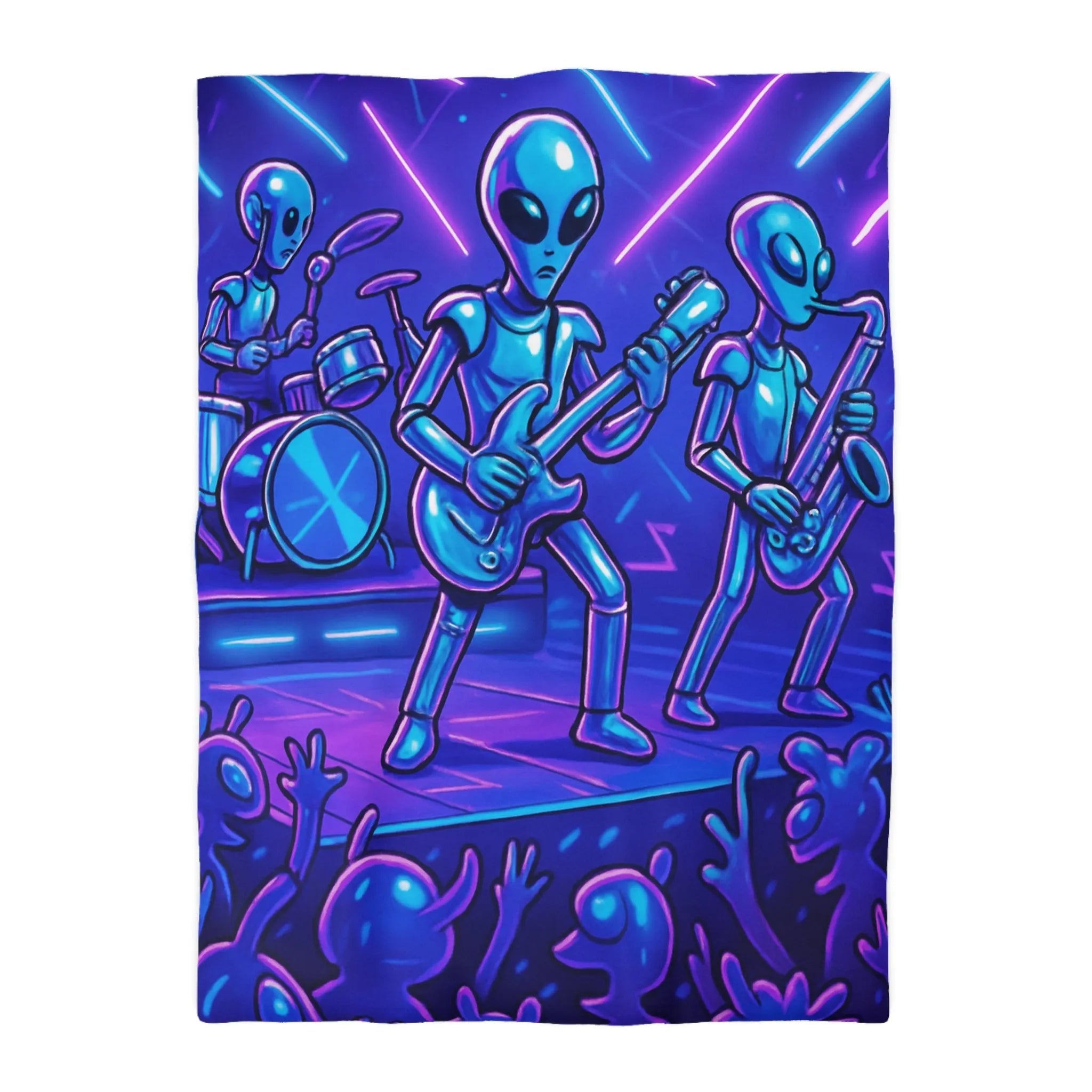 Housse de couette avec extraterrestres musiciens sous lumière néon sur scène futuriste