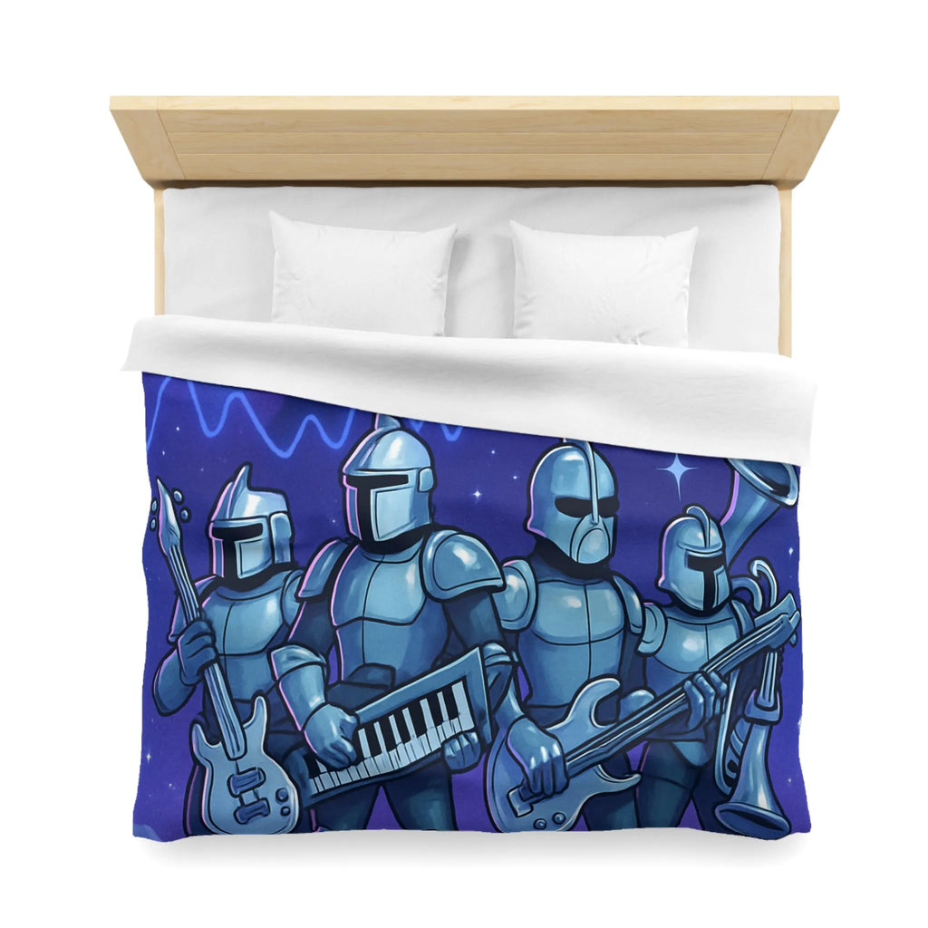 Housse de couette futuriste avec chevaliers musiciens sur fond spatial étoilé galactique