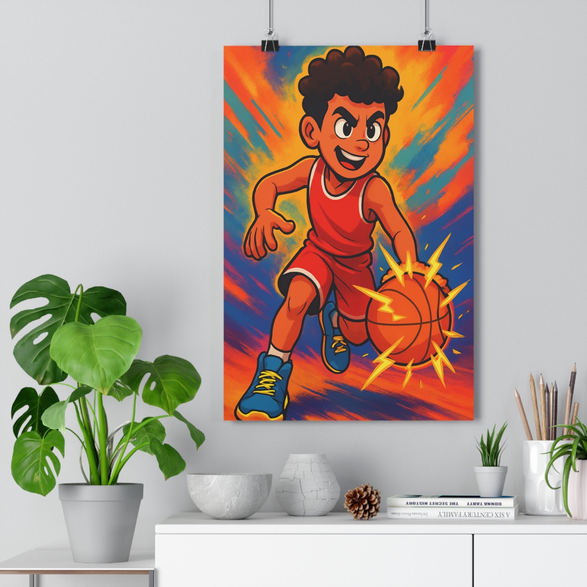 Poster décoratif basket dynamique énergique rouge bleu jaune chambre manga couleurs vives intense sportif