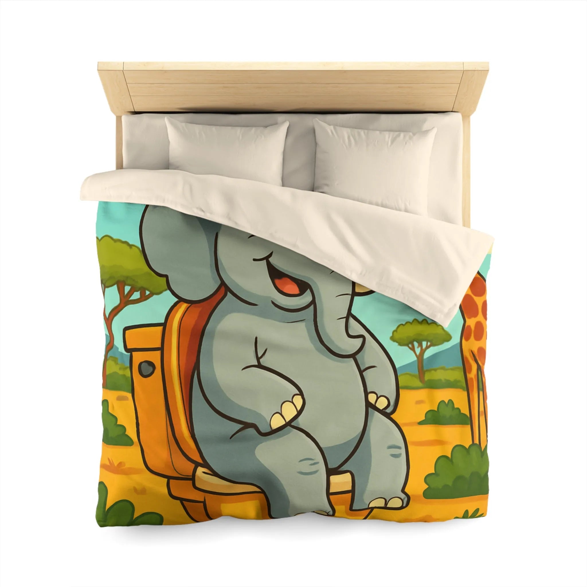 Housse de couette joyeuse éléphant sur toilettes en pleine savane colorée