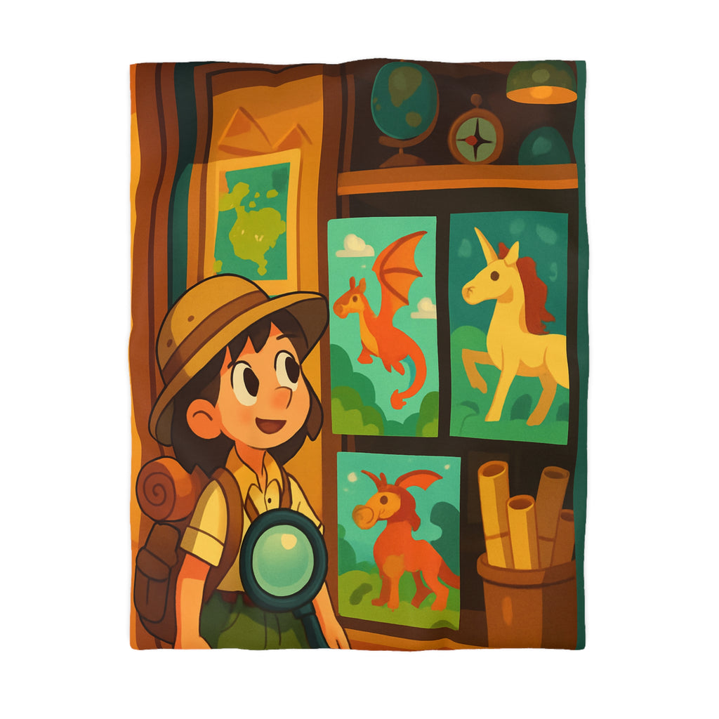 Housse de couette thème exploration avec dragon et licorne pour chambre enfant