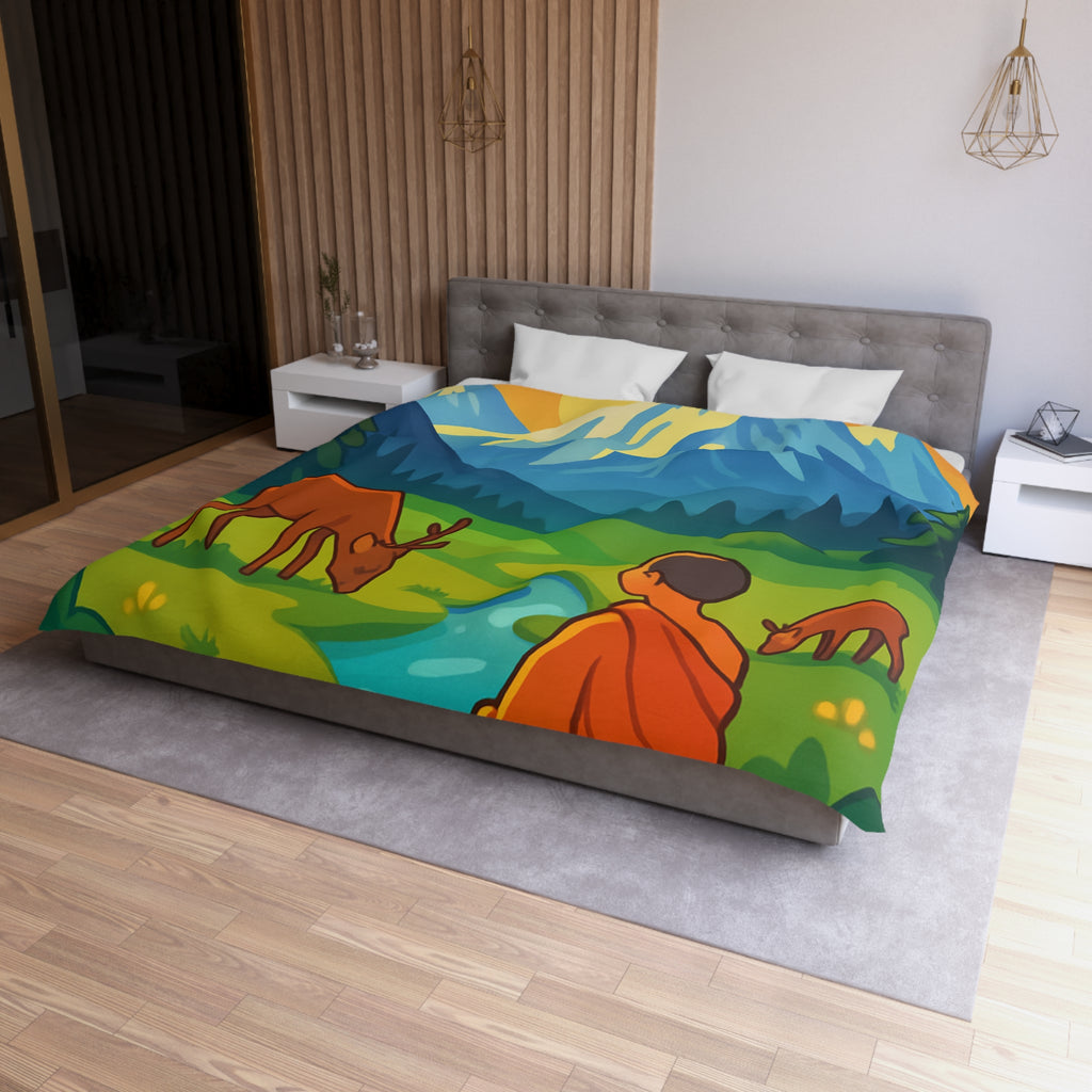 Housse de couette zen avec paysage montagneux, moine, cerfs et rivière tranquille