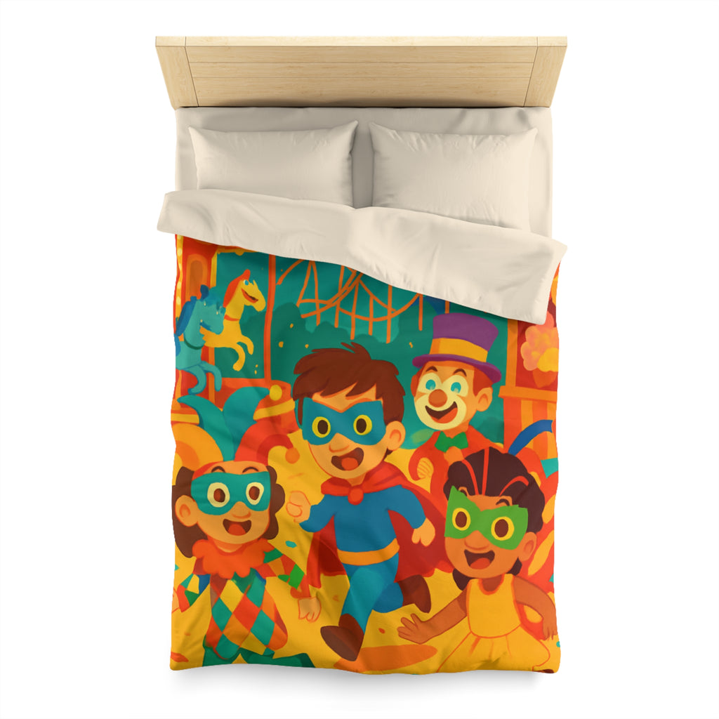 Joyeuse fête foraine avec enfants costumés courant joyeusement parmi attractions colorées nocturnes