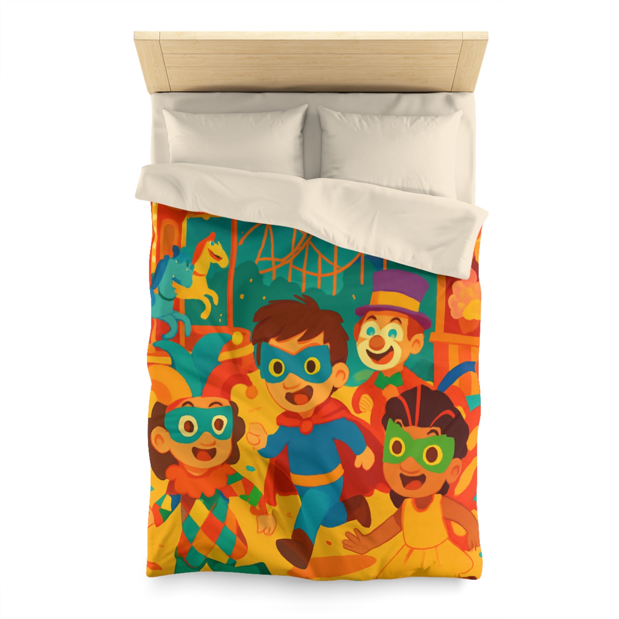 Joyeuse fête foraine avec enfants costumés courant joyeusement parmi attractions colorées nocturnes