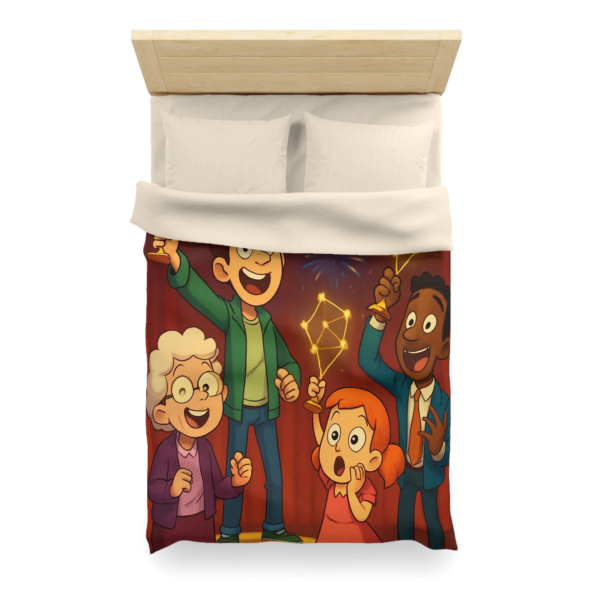 Housse de couette colorée enfants avec feux d'artifice et personnages dessin animé joyeux