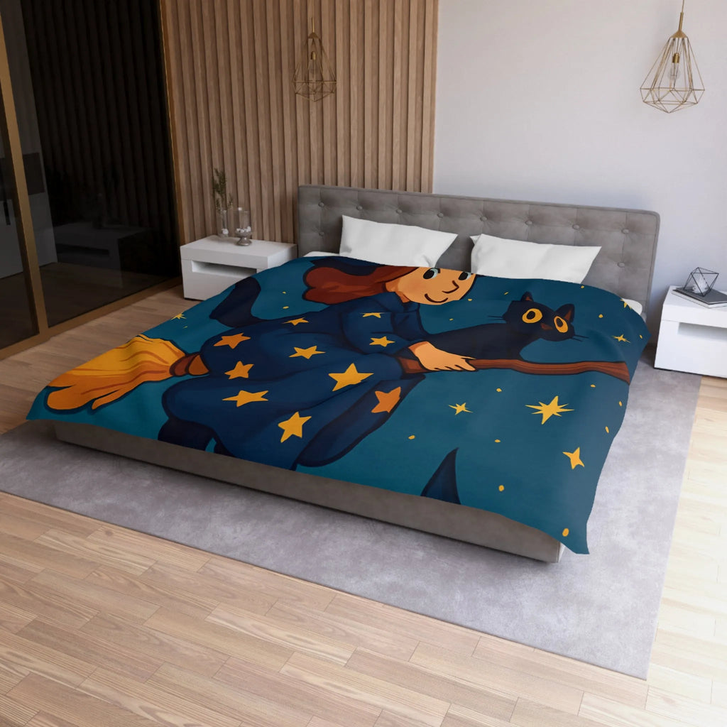 Housse de Couette Enfant Fantaisie Sorcière et Chat Noir sur Balai Nocturne
