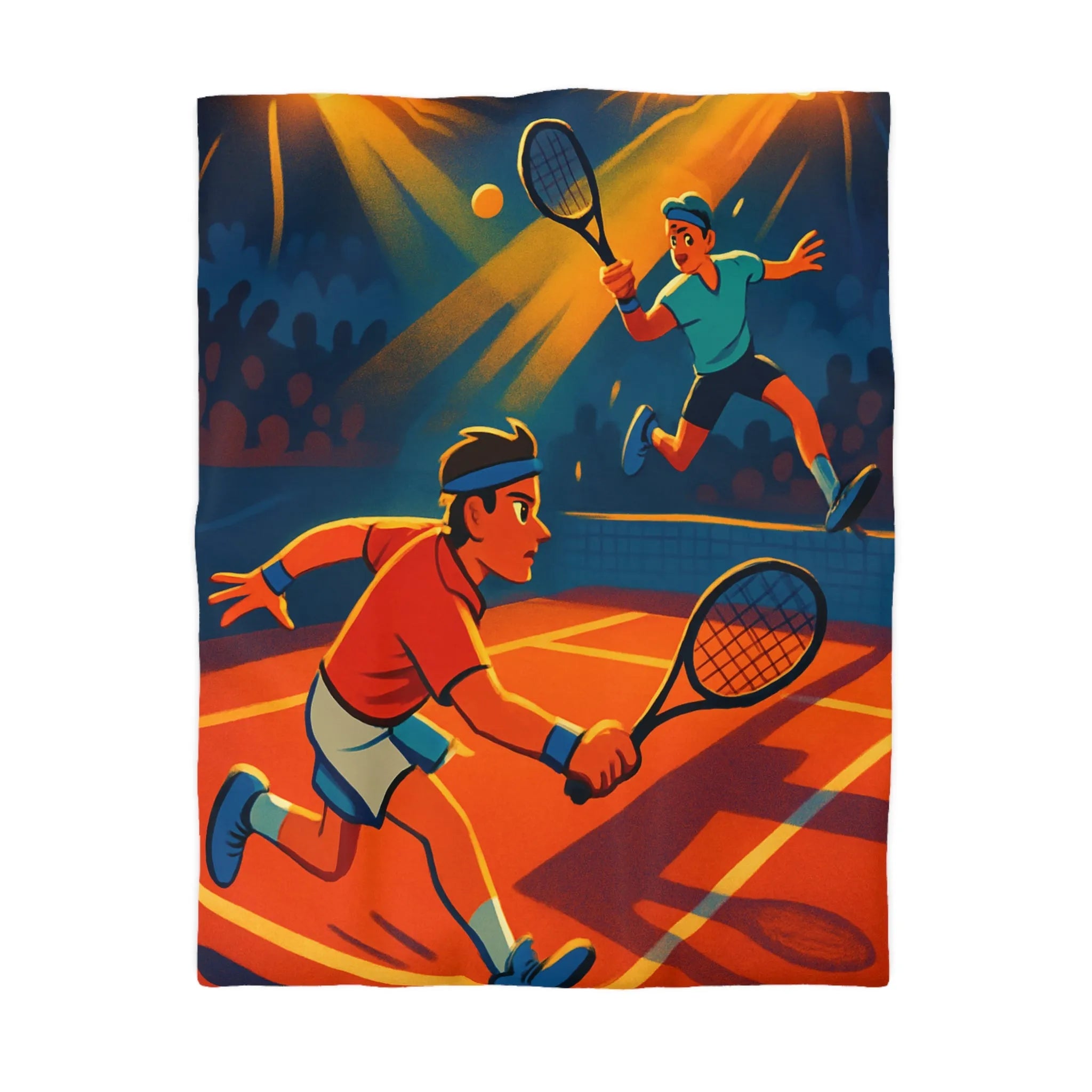 Housse de couette dynamique illustrant un match de tennis intense sous projecteurs éclatants