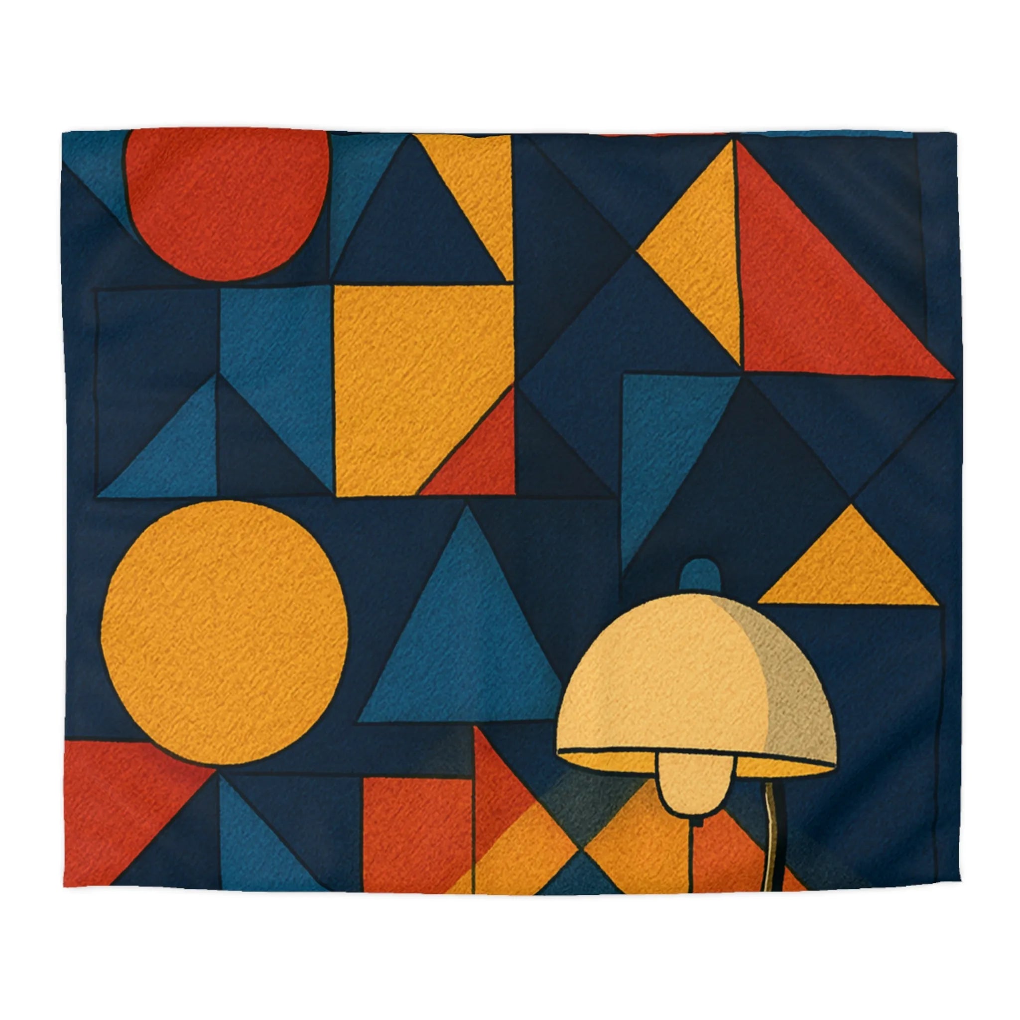 Housse de couette géométrique moderne multicolore avec motifs rétro et ambiance chaleureuse éclairée