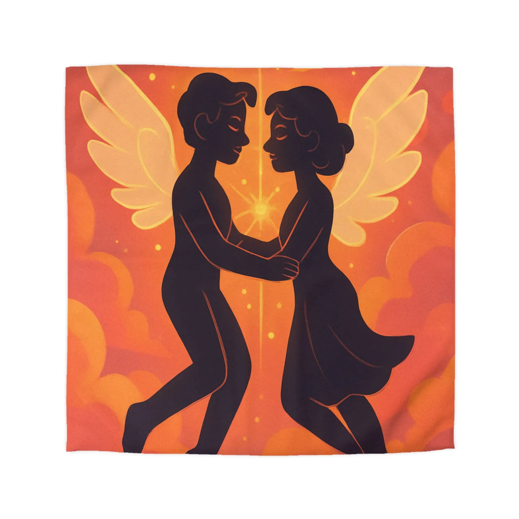 Housse de couette avec anges amoureux flottant dans nuages orangés dorés au crépuscule