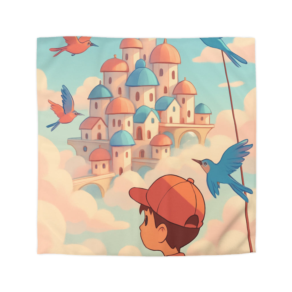 Housse de couette rêveuse avec enfant explorant un château céleste parmi les nuages