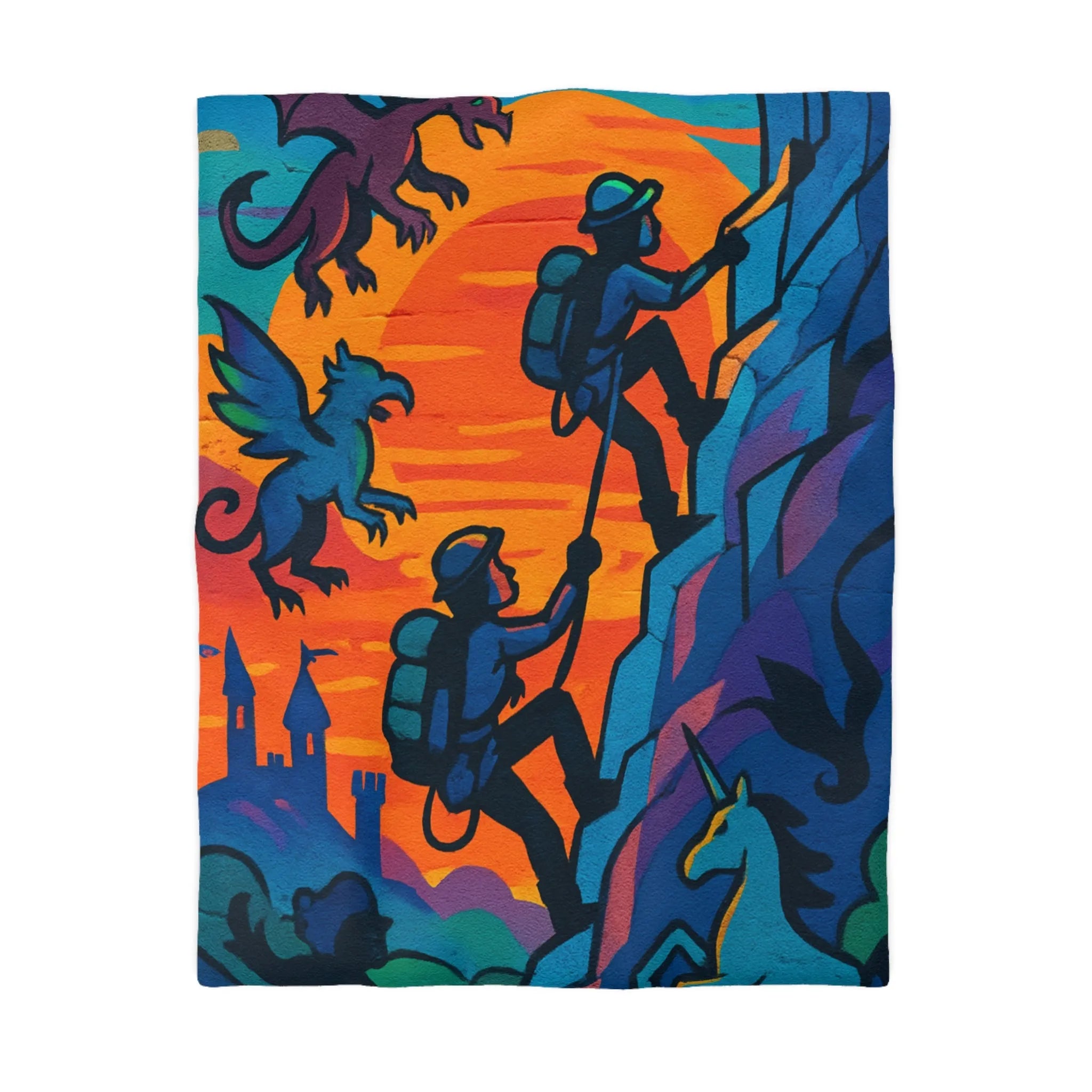 Housse de couette aventure fantastique avec montagnes, créatures mythiques et coucher de soleil