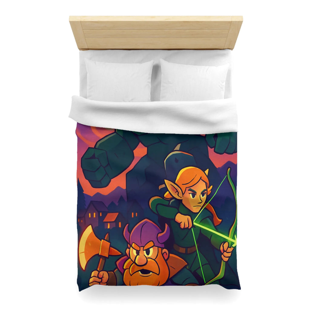 Housse de Couette Fantastique avec Guerrier, Archer et Golem sous Aurores Boréales Éclatantes