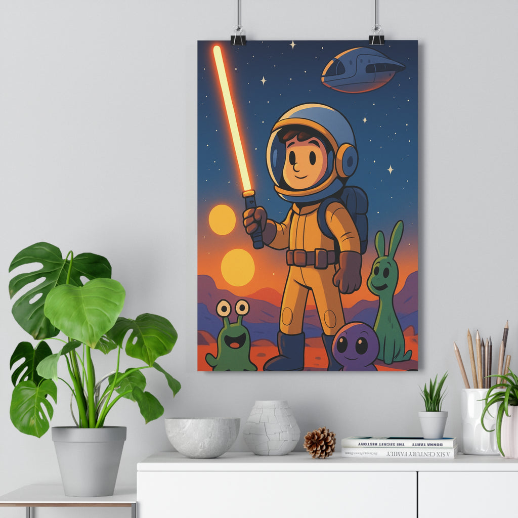 Poster décoratif aventure spatiale cartoon couleurs vives chambre enfant futuriste créatif ludique espace personnalisé