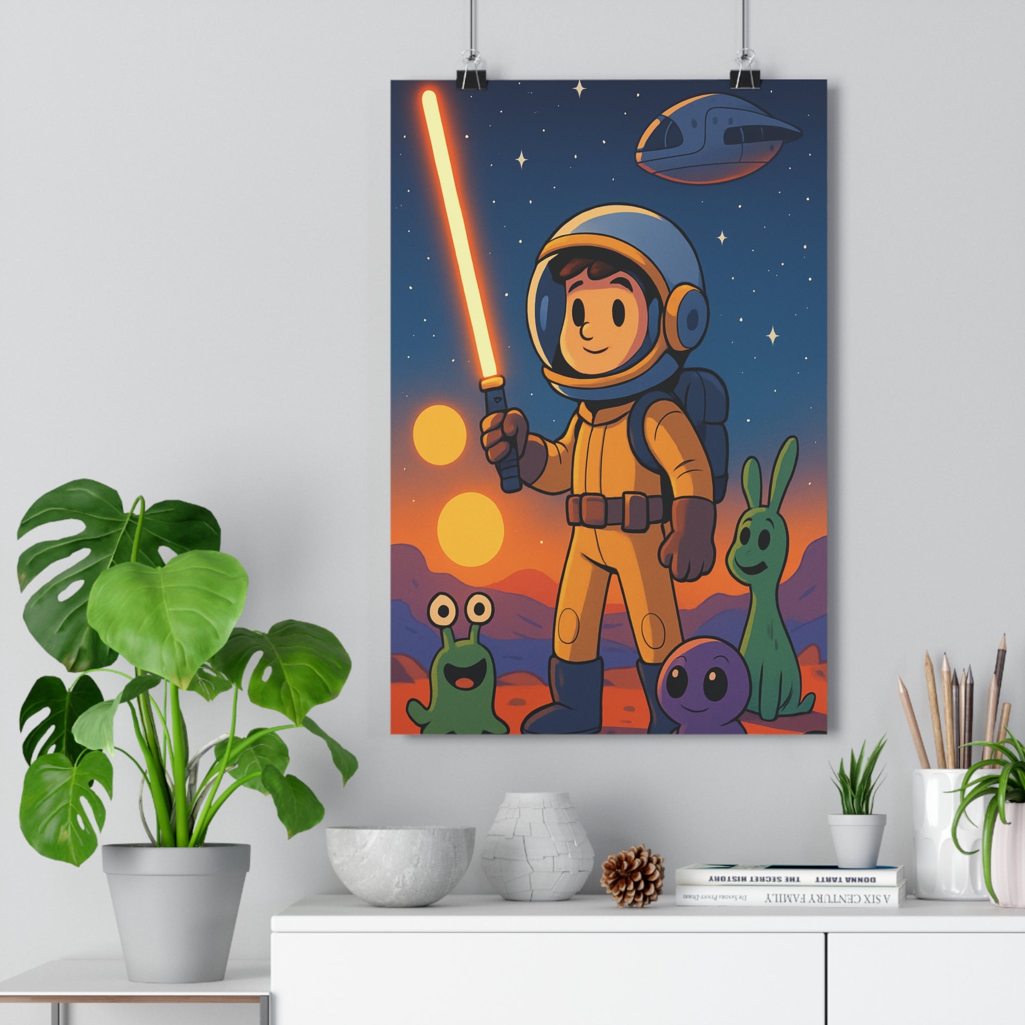 Poster décoratif aventure spatiale cartoon couleurs vives chambre enfant futuriste créatif ludique espace personnalisé