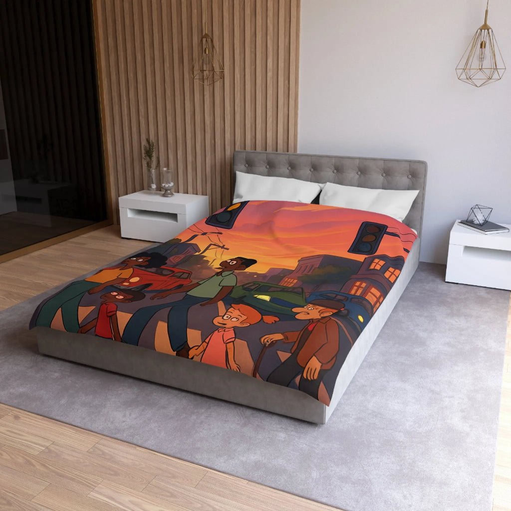 Housse de couette coucher de soleil urbain coloré, personnages divers traversant rue animée