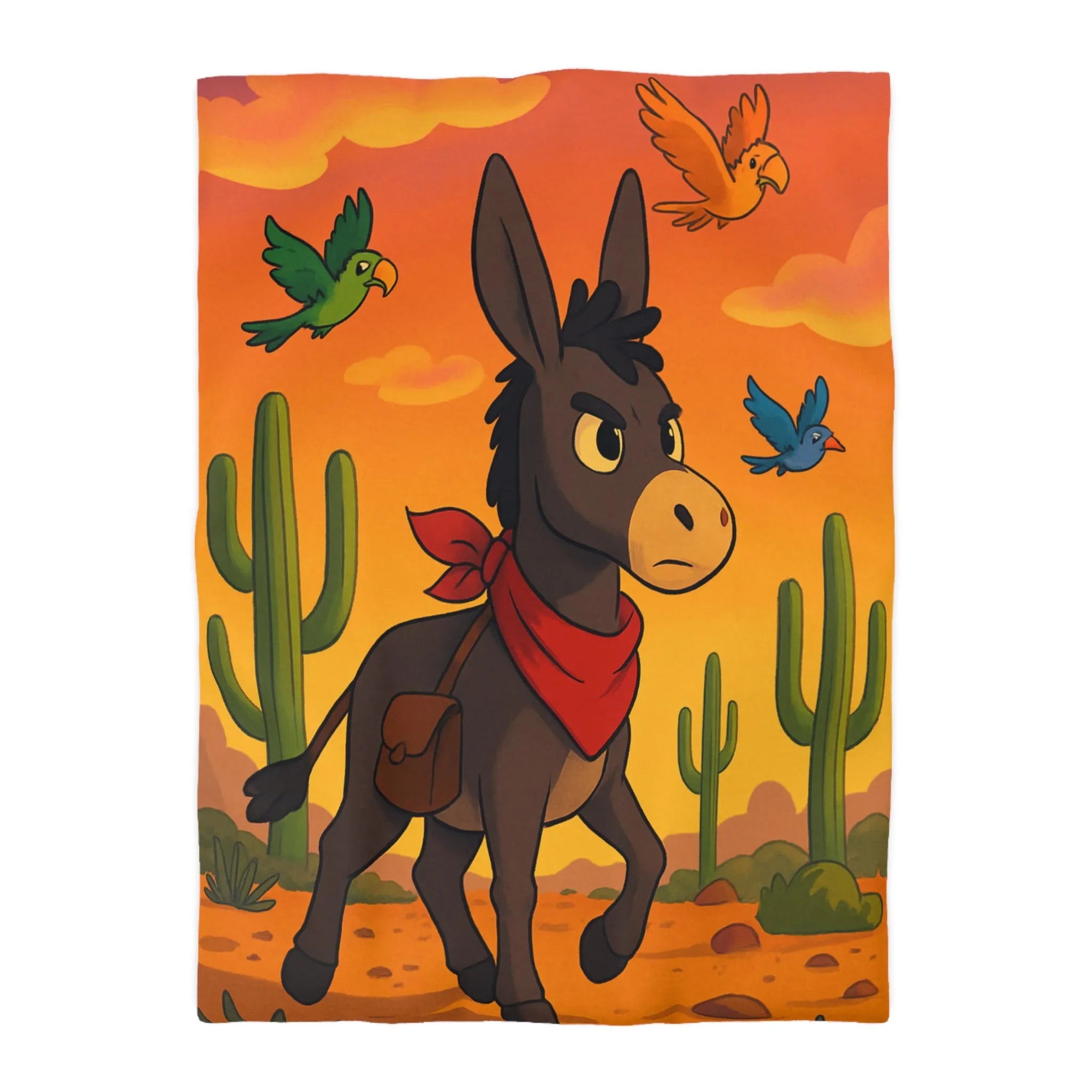 Housse de couette avec âne mignon et oiseaux colorés en désert animé