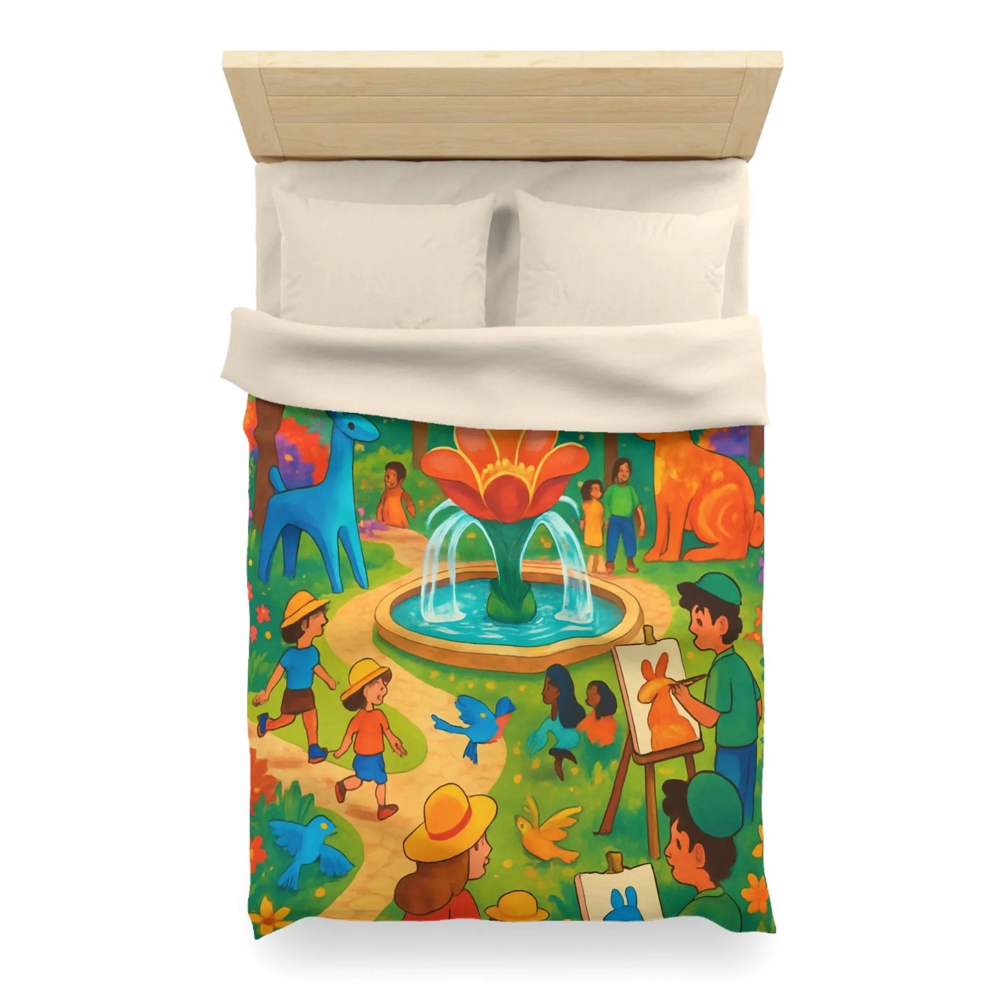 Housse de couette colorée avec animaux fantastiques, enfants et fontaine au parc artistique