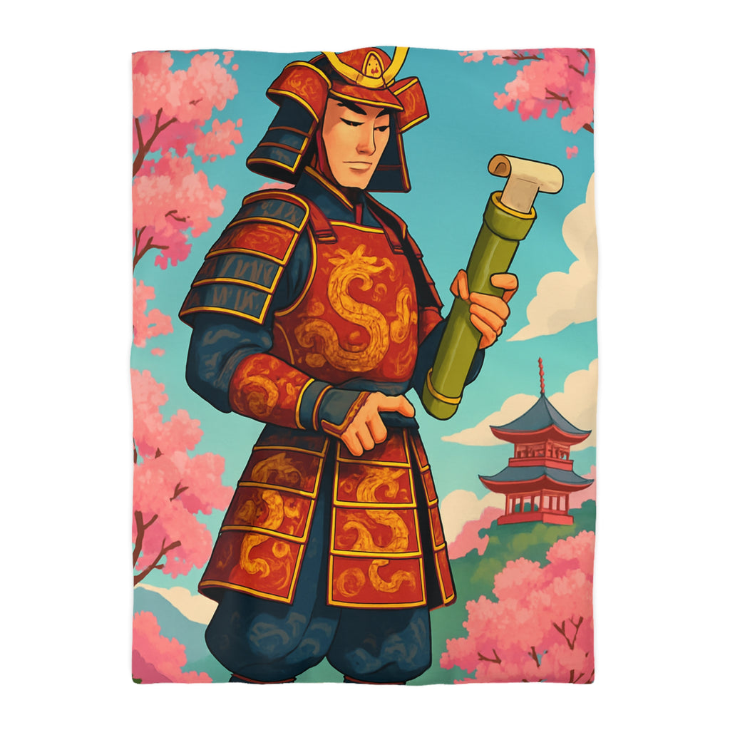 Housse de Couette Samouraï Japonais avec Armure Traditionnelle et Cerisiers en Fleurs