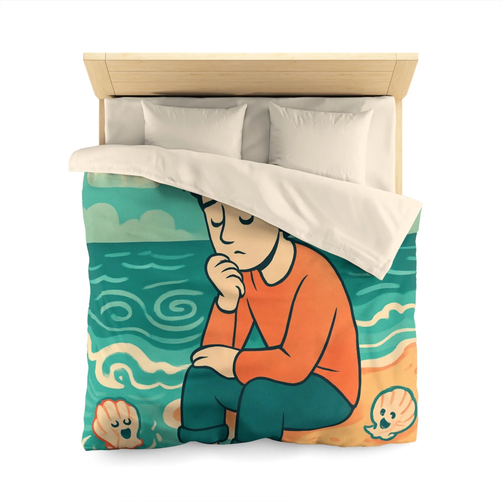 Housse de couette avec illustration rêveuse garçon pensif et coquillages joyeux sur plage
