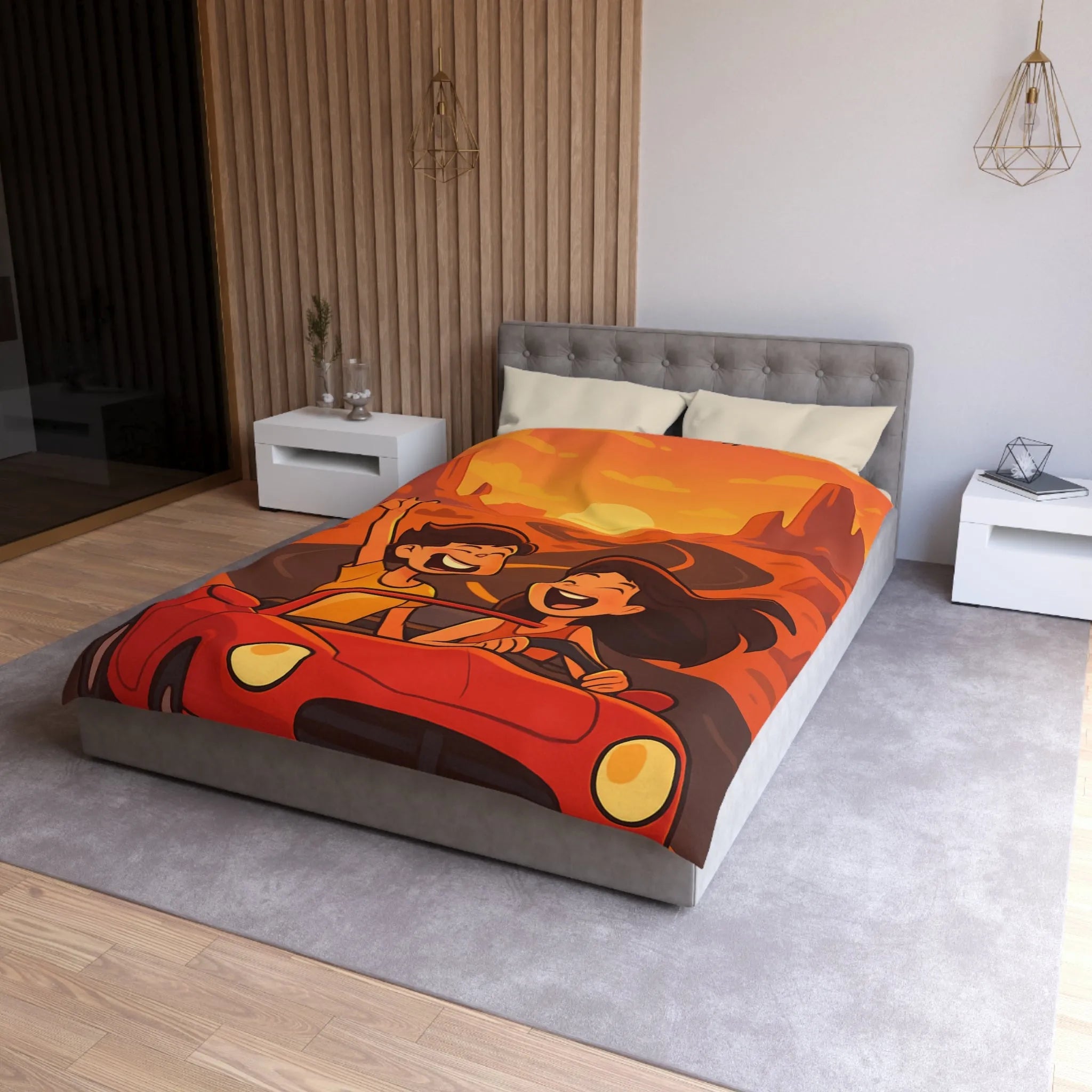 Aventure en voiture rouge dans un désert ensoleillé avec couple et aigle volant