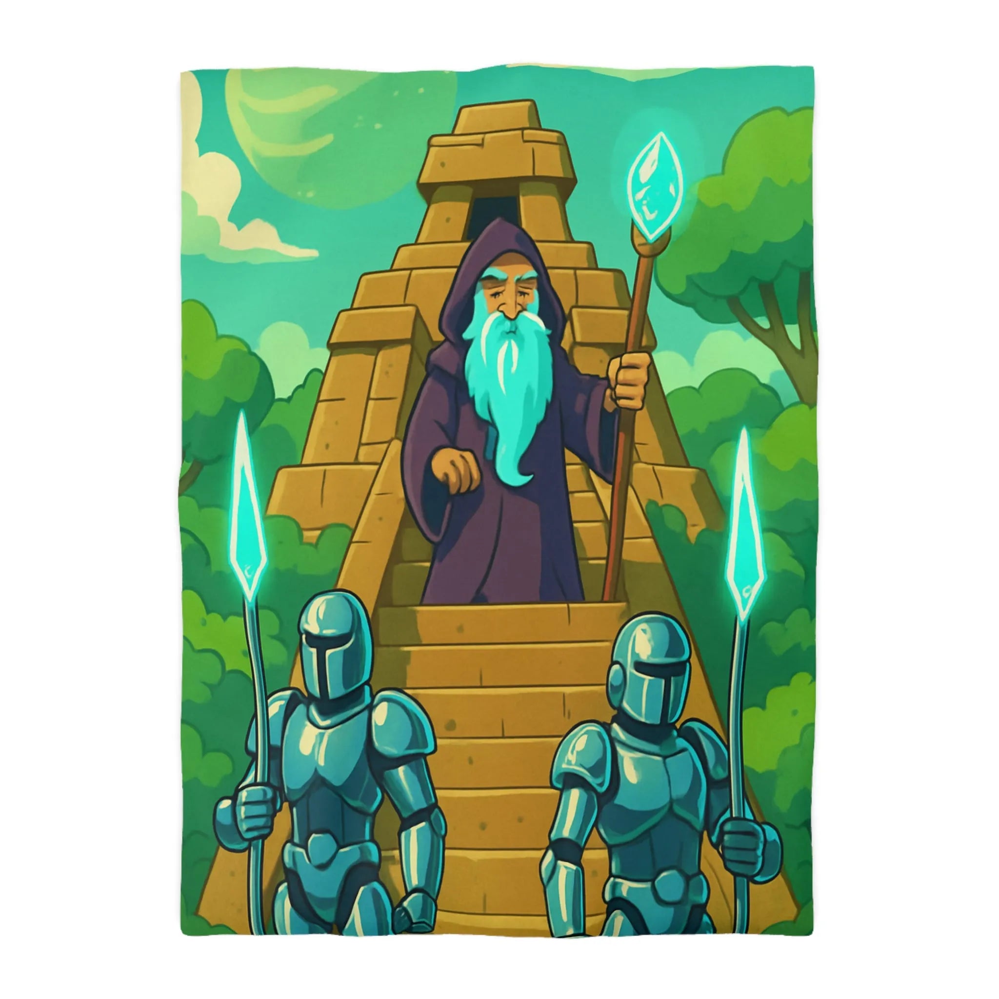 Enchanted Pyramid Landscape with Wizard and Glowing Guardians for Magical Bedding Decor