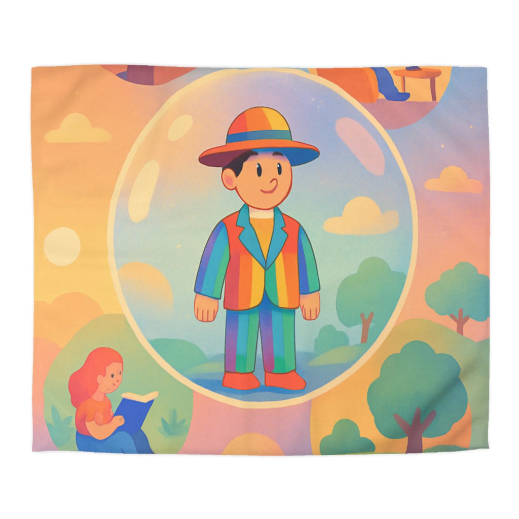 Housse de couette aux motifs rêveurs de personnages dans des bulles colorées et apaisantes