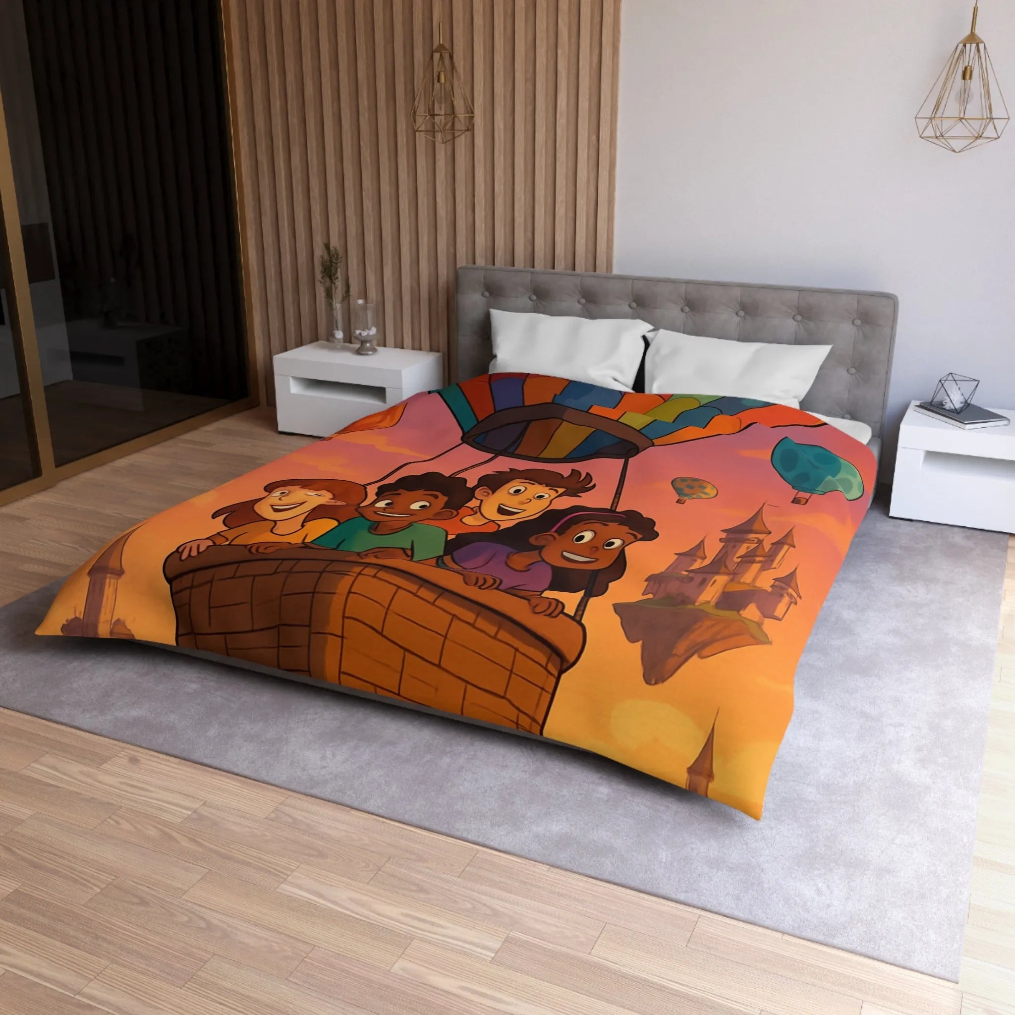 Housse de couette colorée avec enfants dans montgolfière et château en arrière-plan