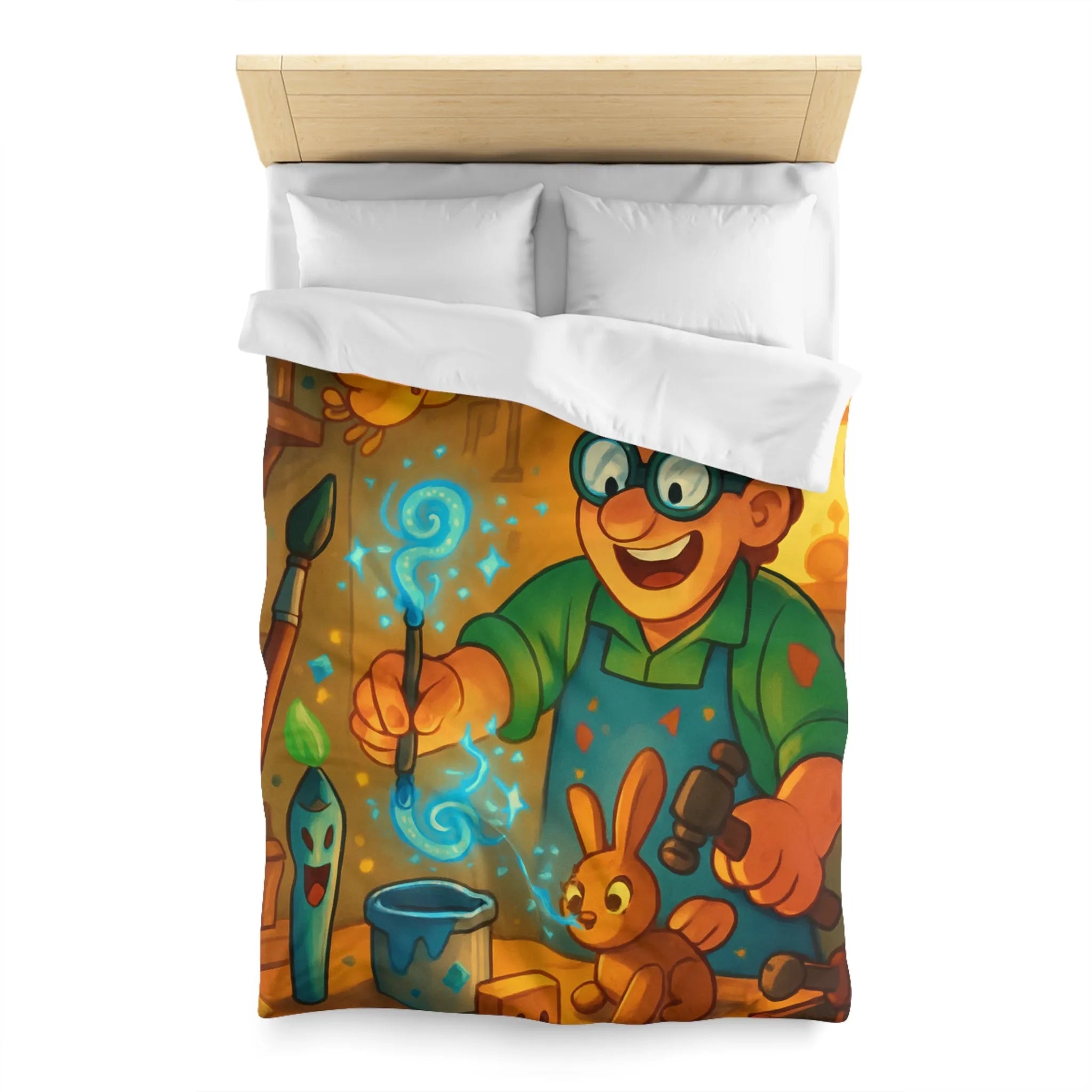 Artisan heureux sculpte figurines magiques dans atelier en bois lumineux et coloré