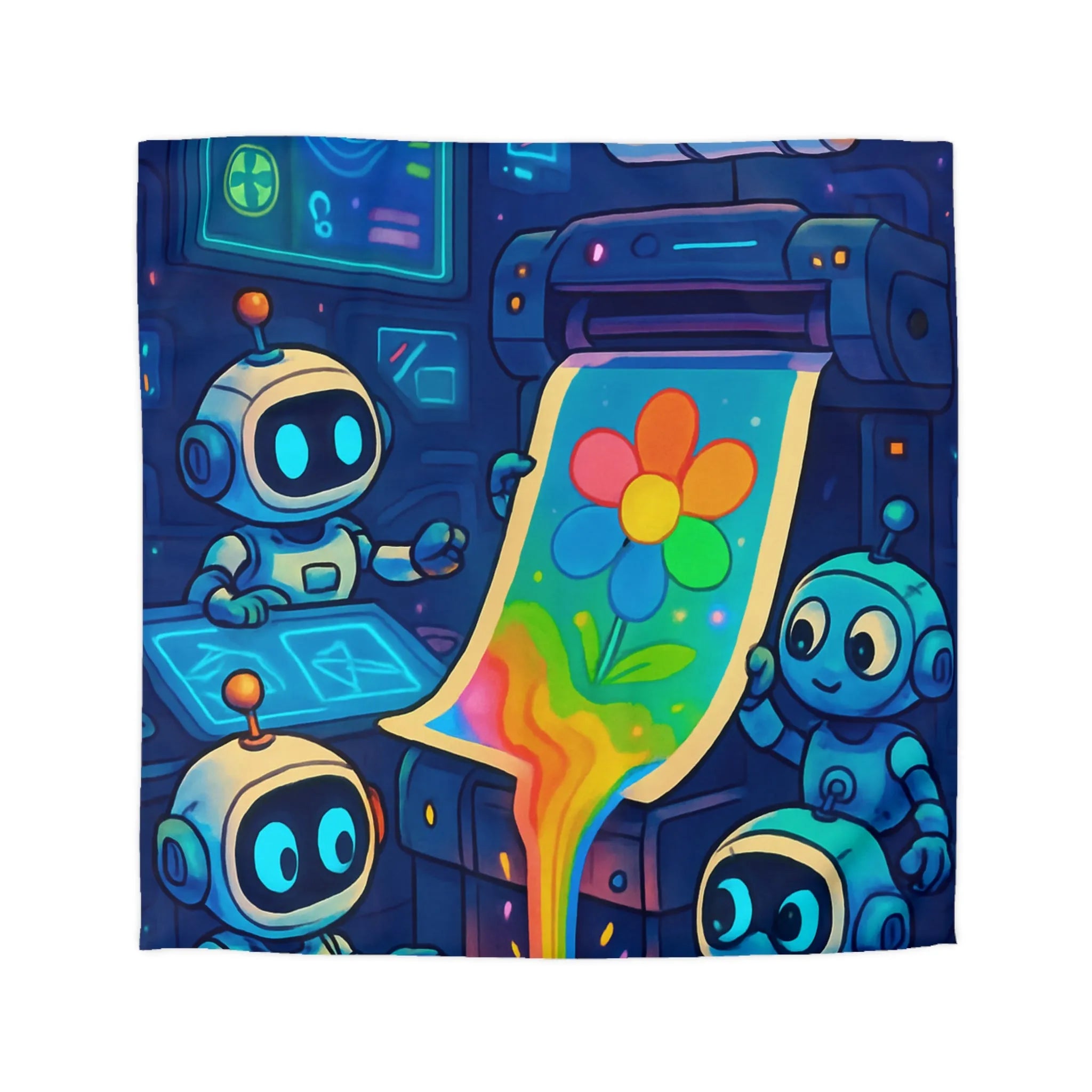 Drôles de robots imprimant une fleur colorée dans un atelier futuriste lumineux