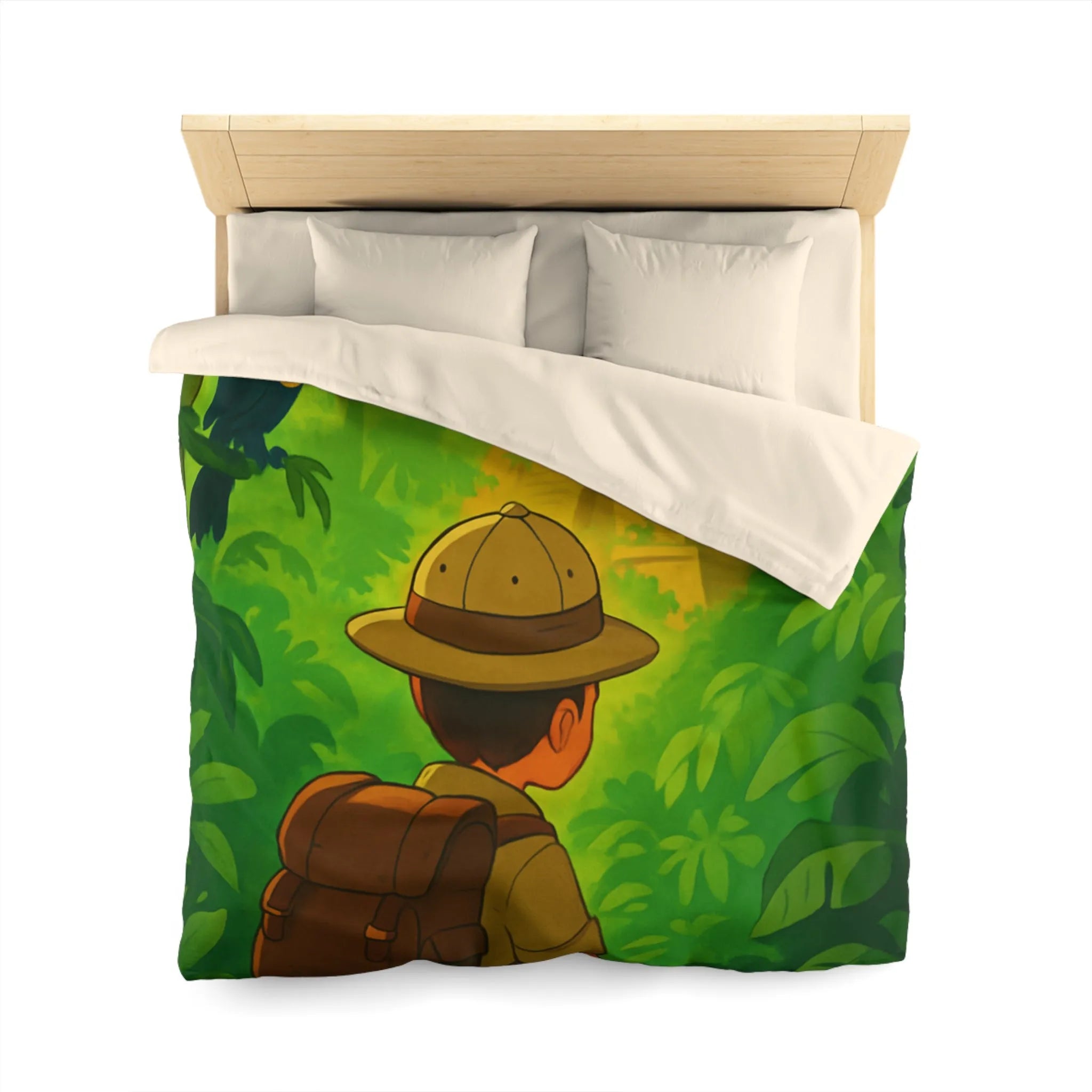 Housse de couette jungle avec aventurier, singe et toucan, ambiance explorateur