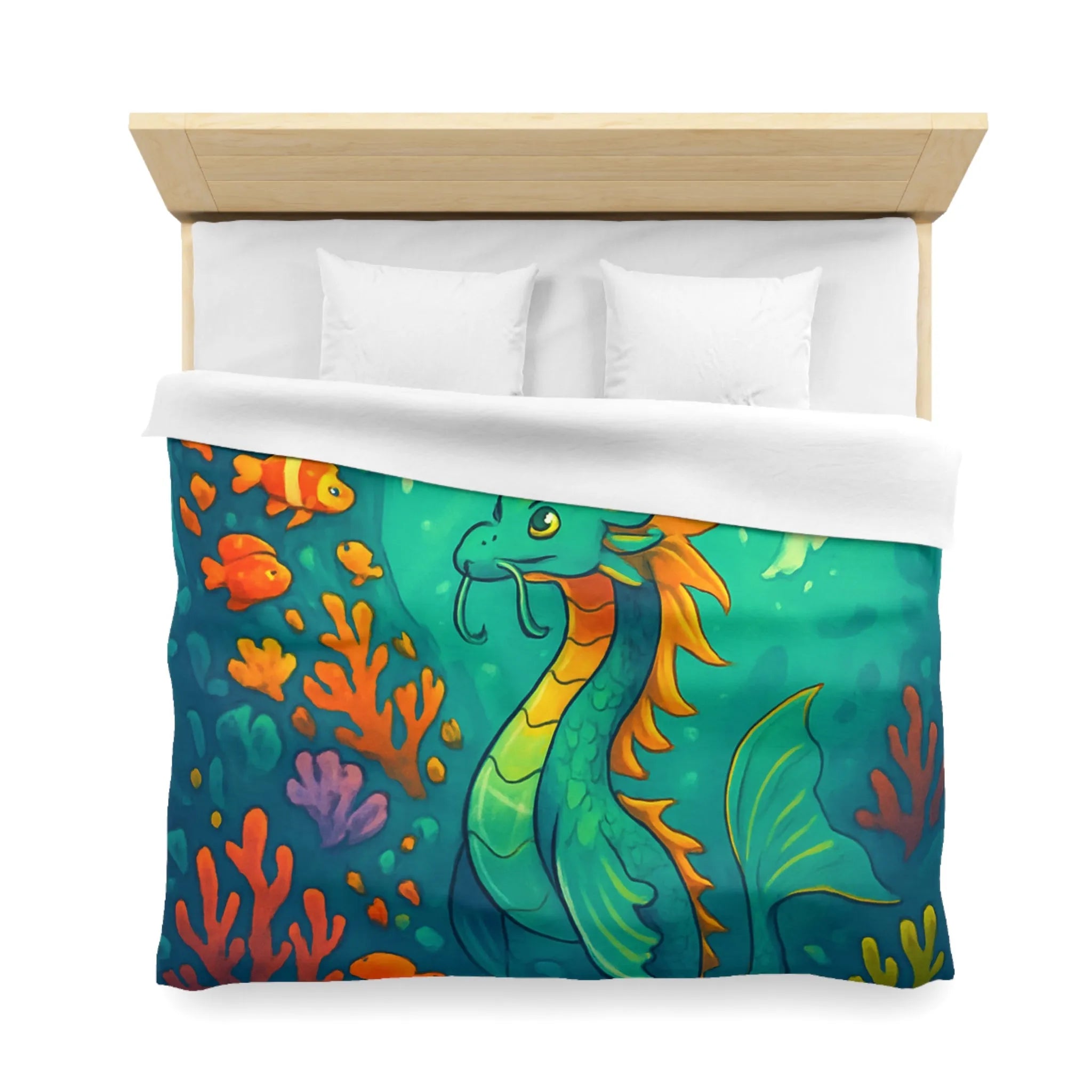 Housse de couette avec dragon marin et poissons dans des eaux colorées vibrantes