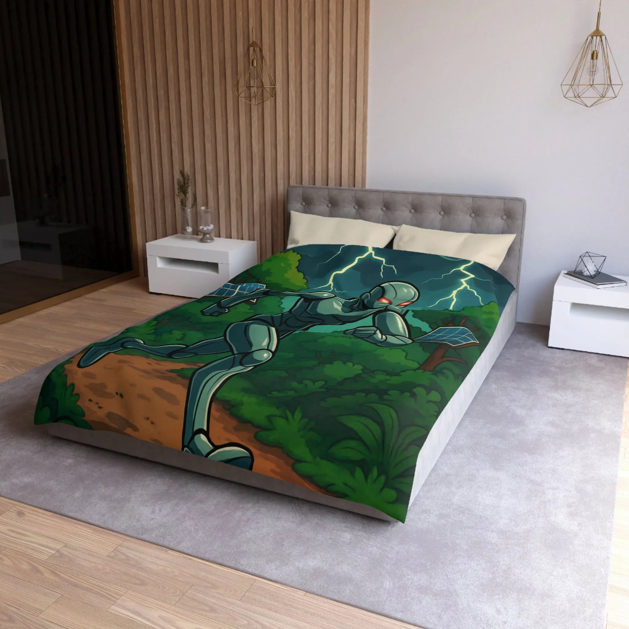 Housse de couette avec robot futuriste courant dans une jungle électrifiée et orageuse