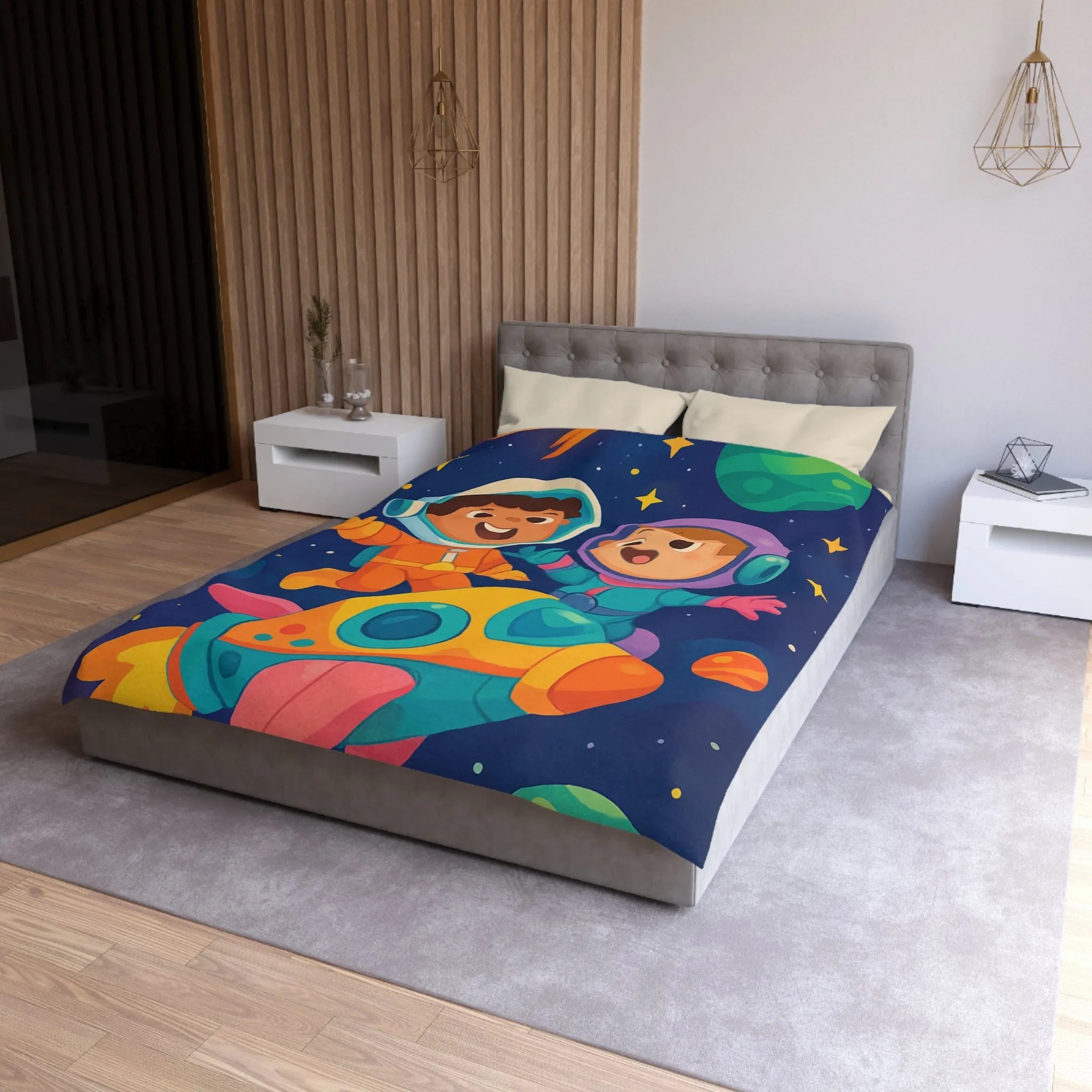 Couette Enfantine Cosmos : Enfants en Vaisseau Spatial avec Planètes et Étoiles Colorées