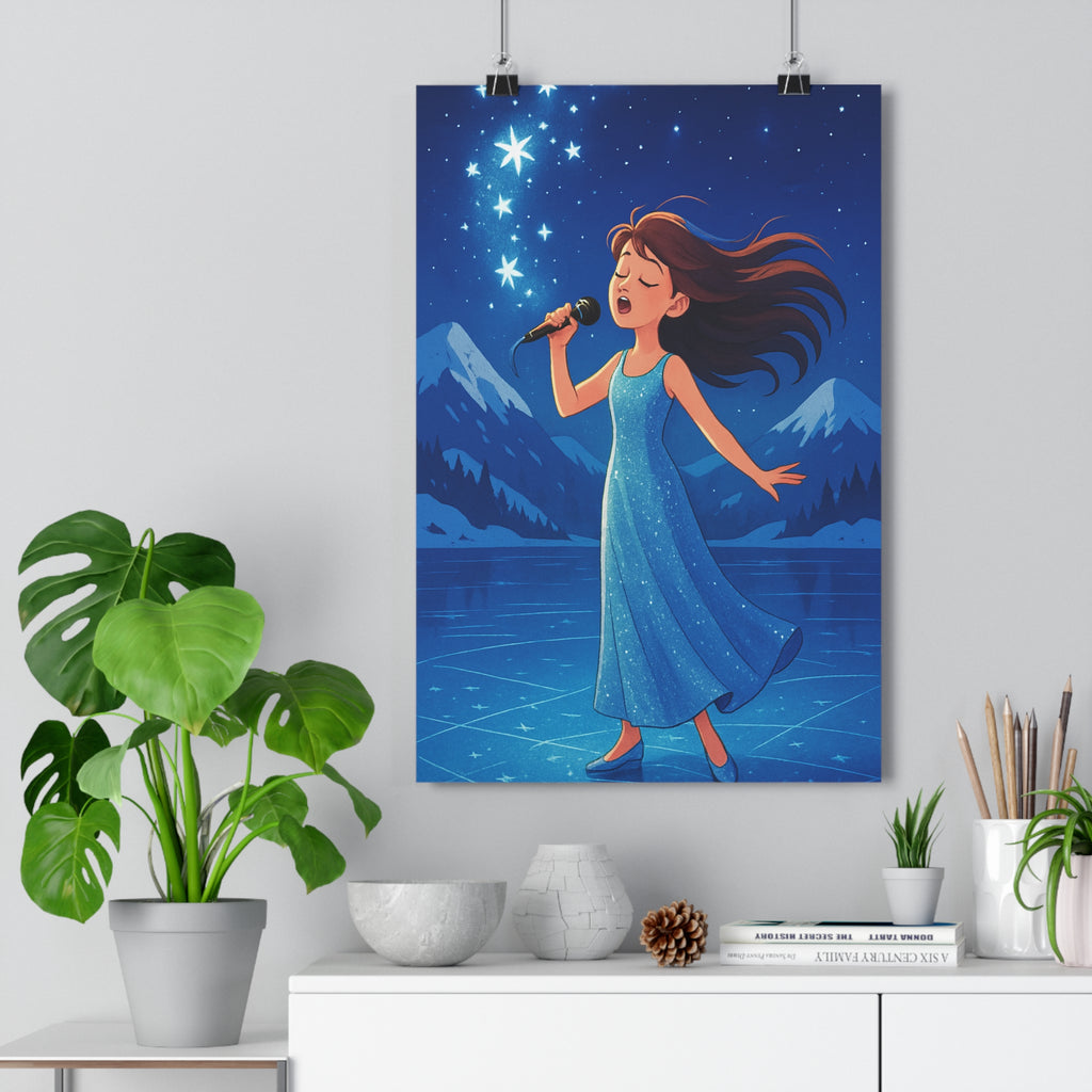 Poster décoratif bleu scintillant ambiance féerique chambre enfant moderne 30x46 montagne étoilé hiver poétique