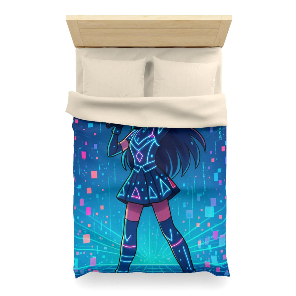 Housse de Couette Fille Chanteuse Néon Style Futuriste Graphiques Lumineux Bleu Rose