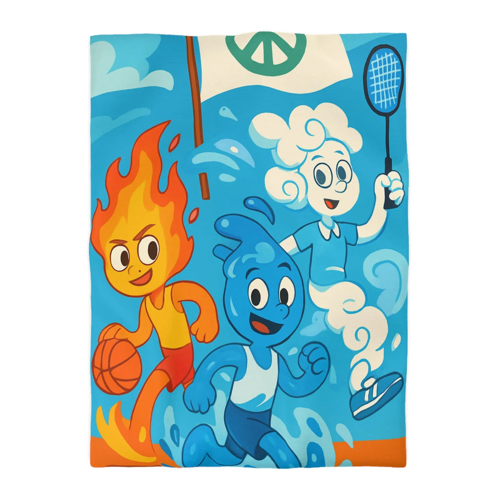 Housse de couette colorée avec motifs d’éléments sportifs et symbole de paix