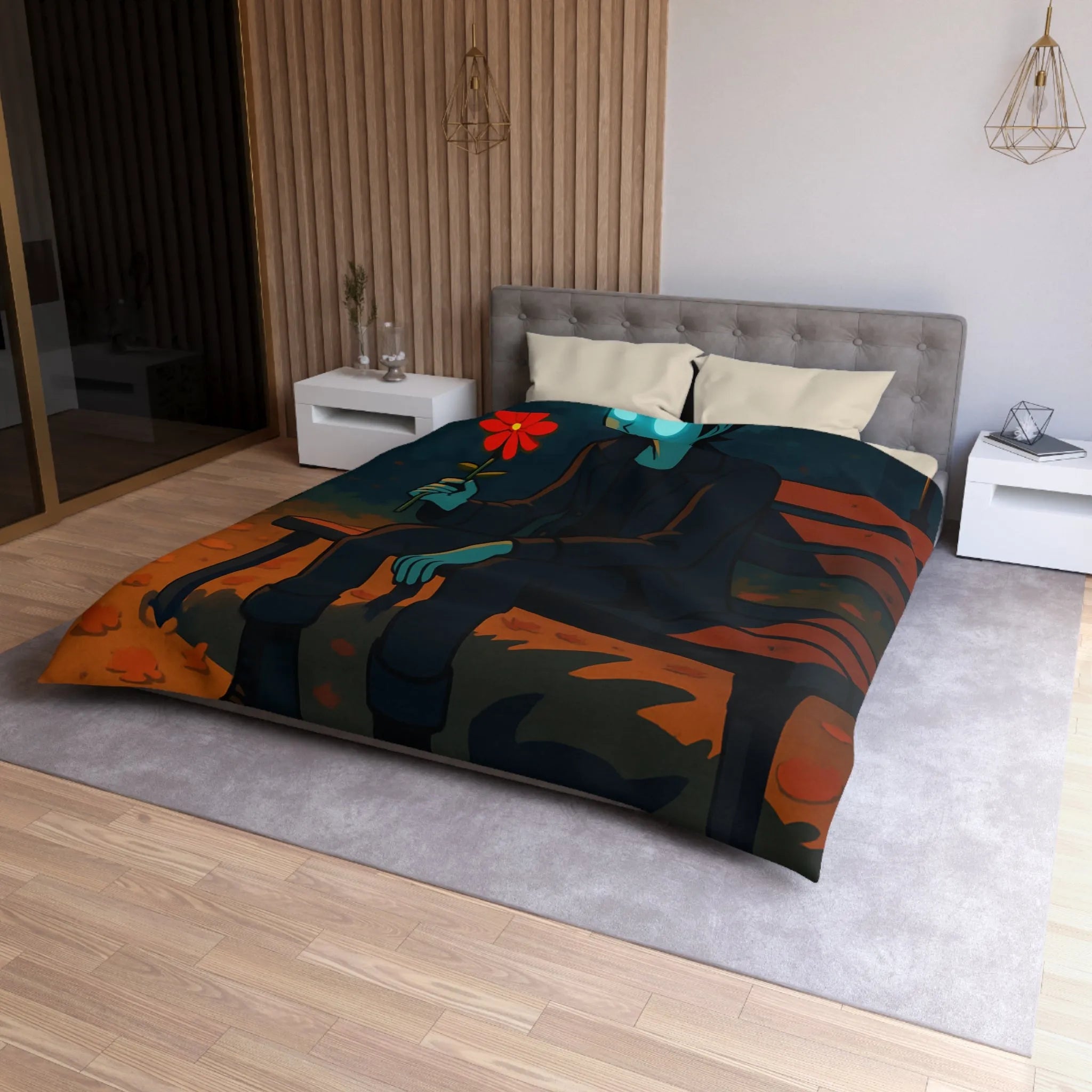 Housse de couette de parc nocturne mystérieux avec personnage sombre aux yeux lumineux