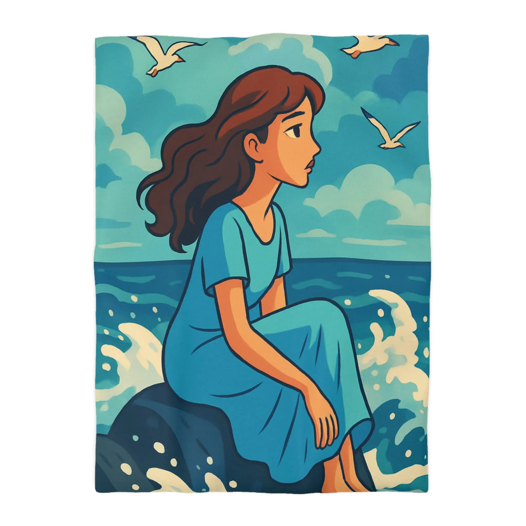 Housse de Couette Art Nouveau Femme Mermaid Assise sur Rochers avec Mouettes