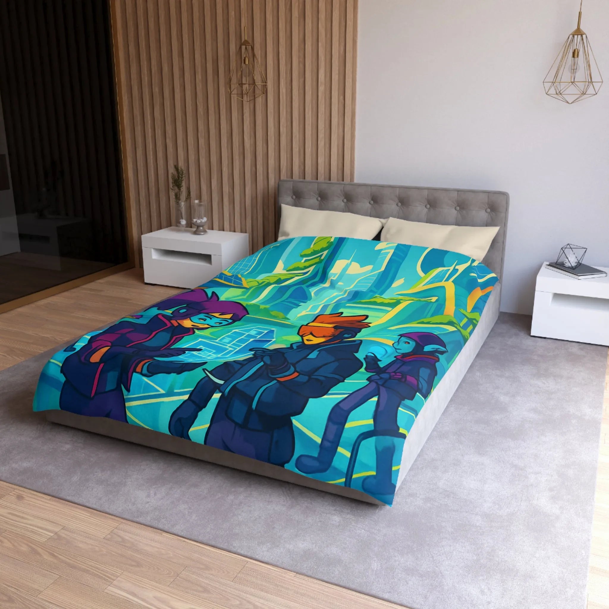 Housse de couette futuriste avec design coloré et thème urbain science-fiction moderne